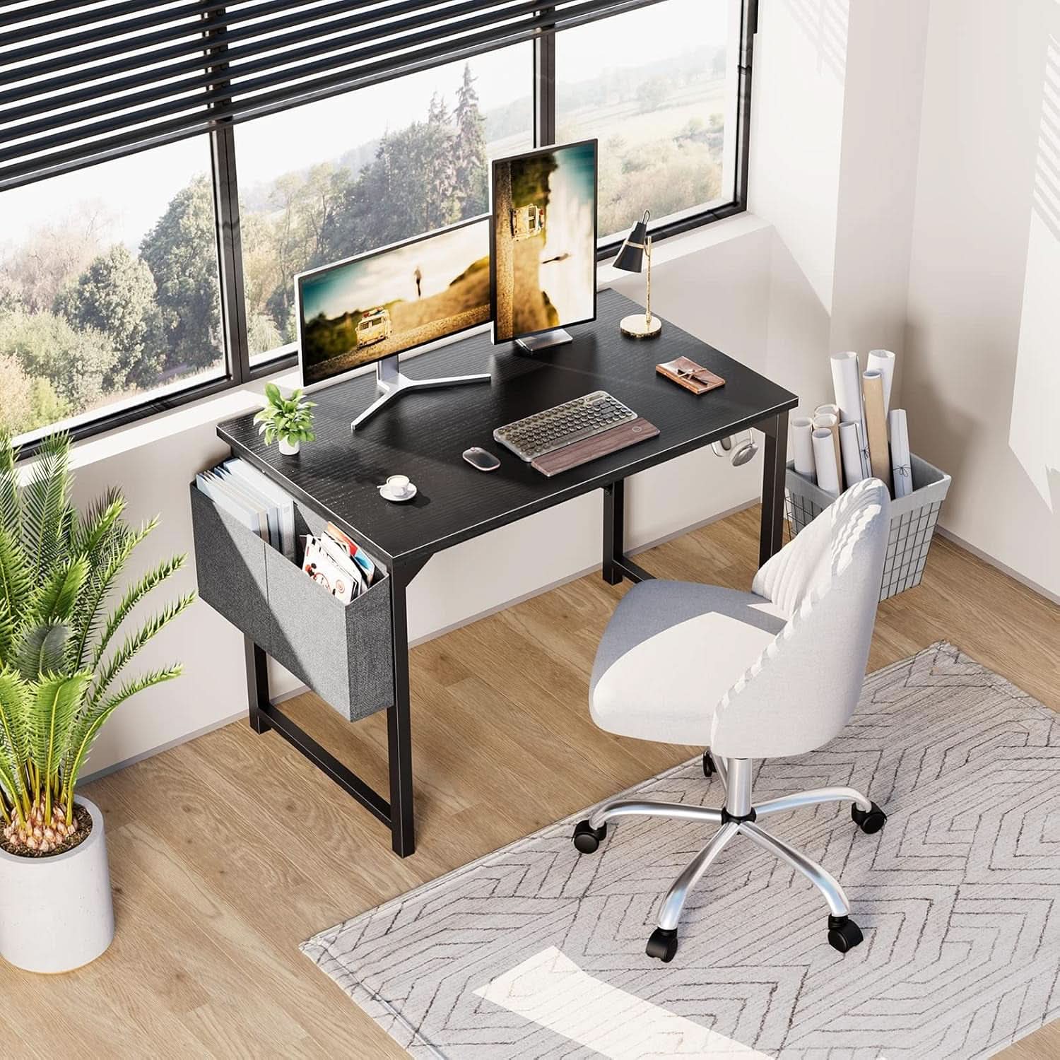 40 Inch Computer Desk With Storage Hooks For Home Office
