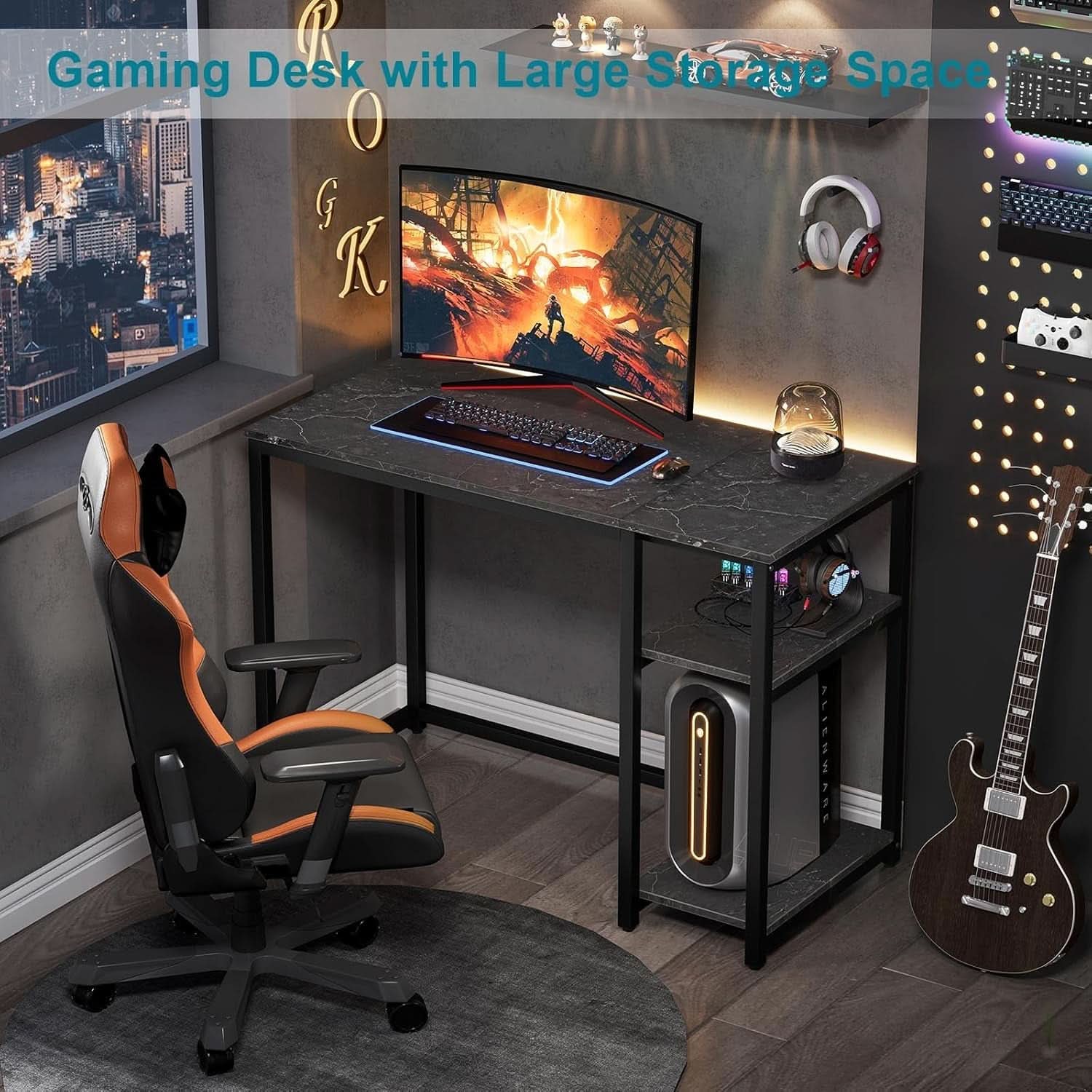 40 Inch Computer Desk With Two Tier Shelves Black Marbling