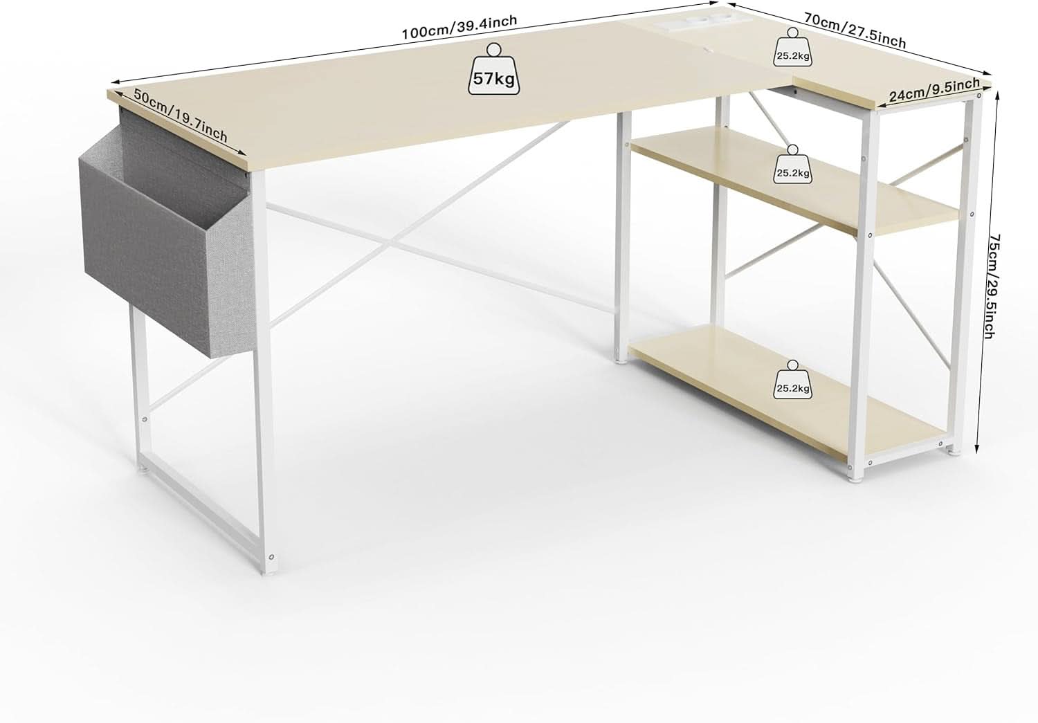 40 Inch L Shaped Computer Desk Beige With Power Outlets