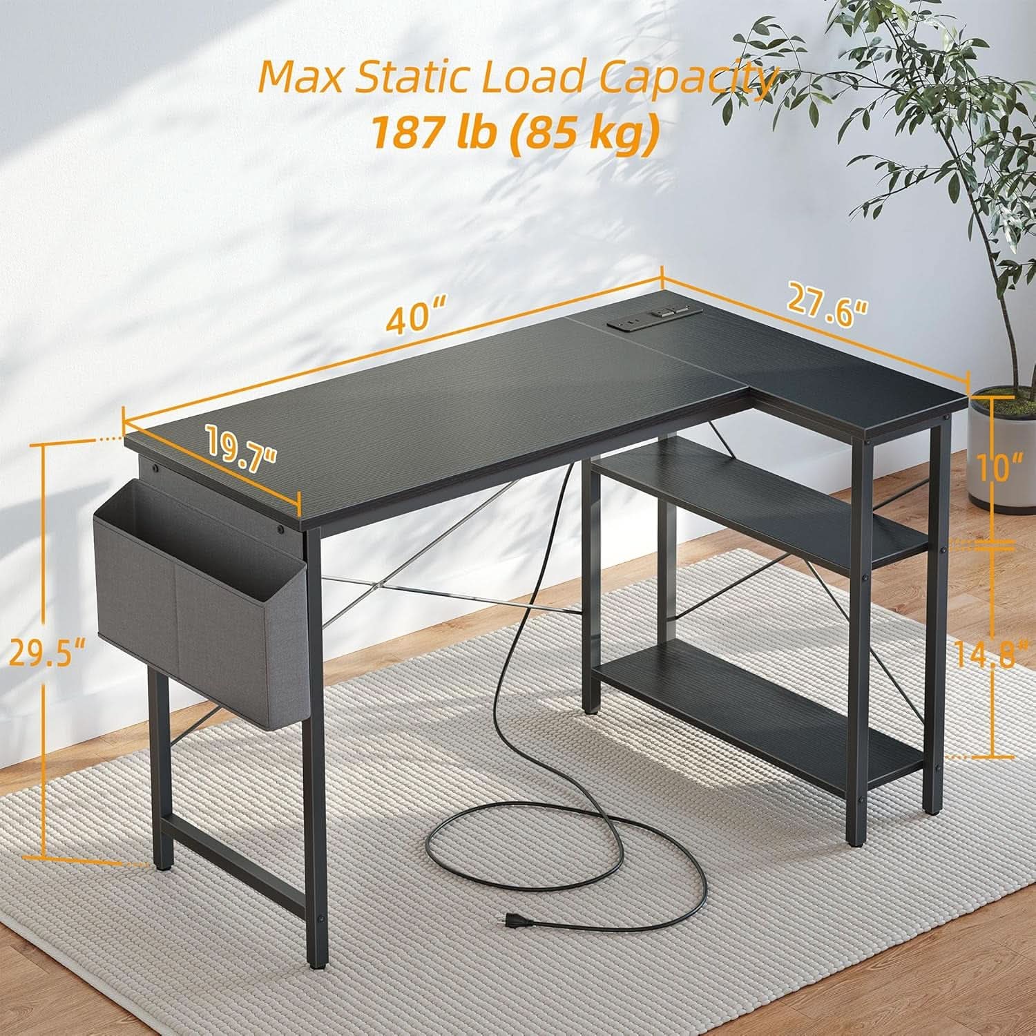 40 Inch L Shaped Computer Desk With Power Outlets Black