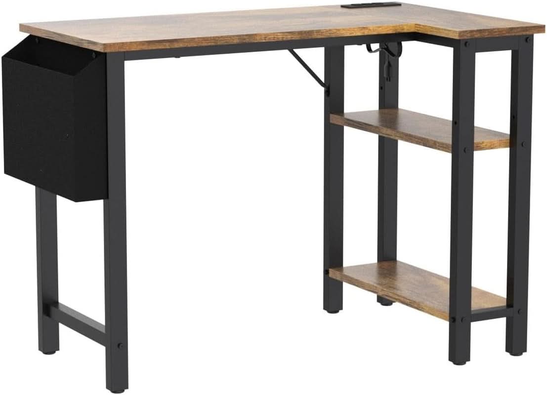 40 Inch L Shaped Desk With Power Outlet And Shelves Rustic Brown
