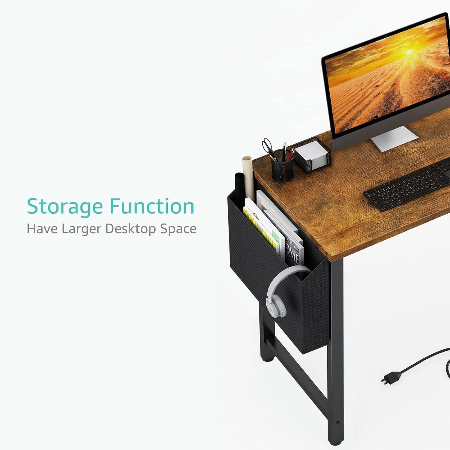 40 Inch L Shaped Desk With Power Outlet And Shelves Rustic Brown