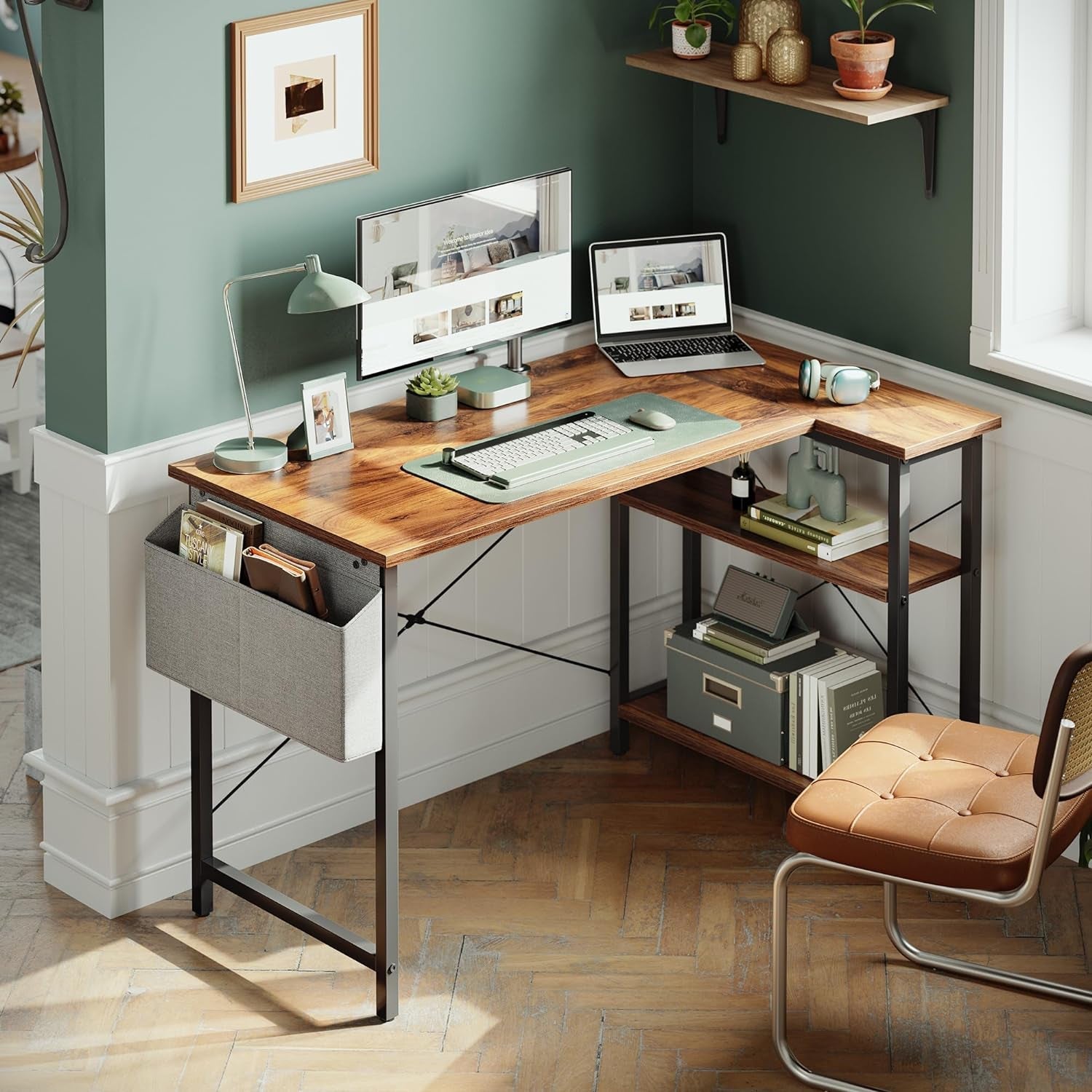 40 Inch L Shaped Desk With Reversible Shelves Deep Brown
