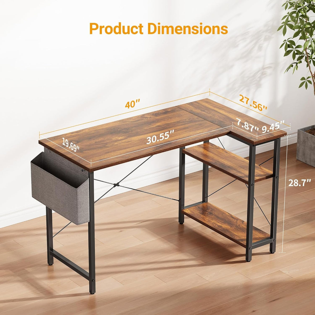 40 Inch L Shaped Desk With Reversible Shelves Deep Brown