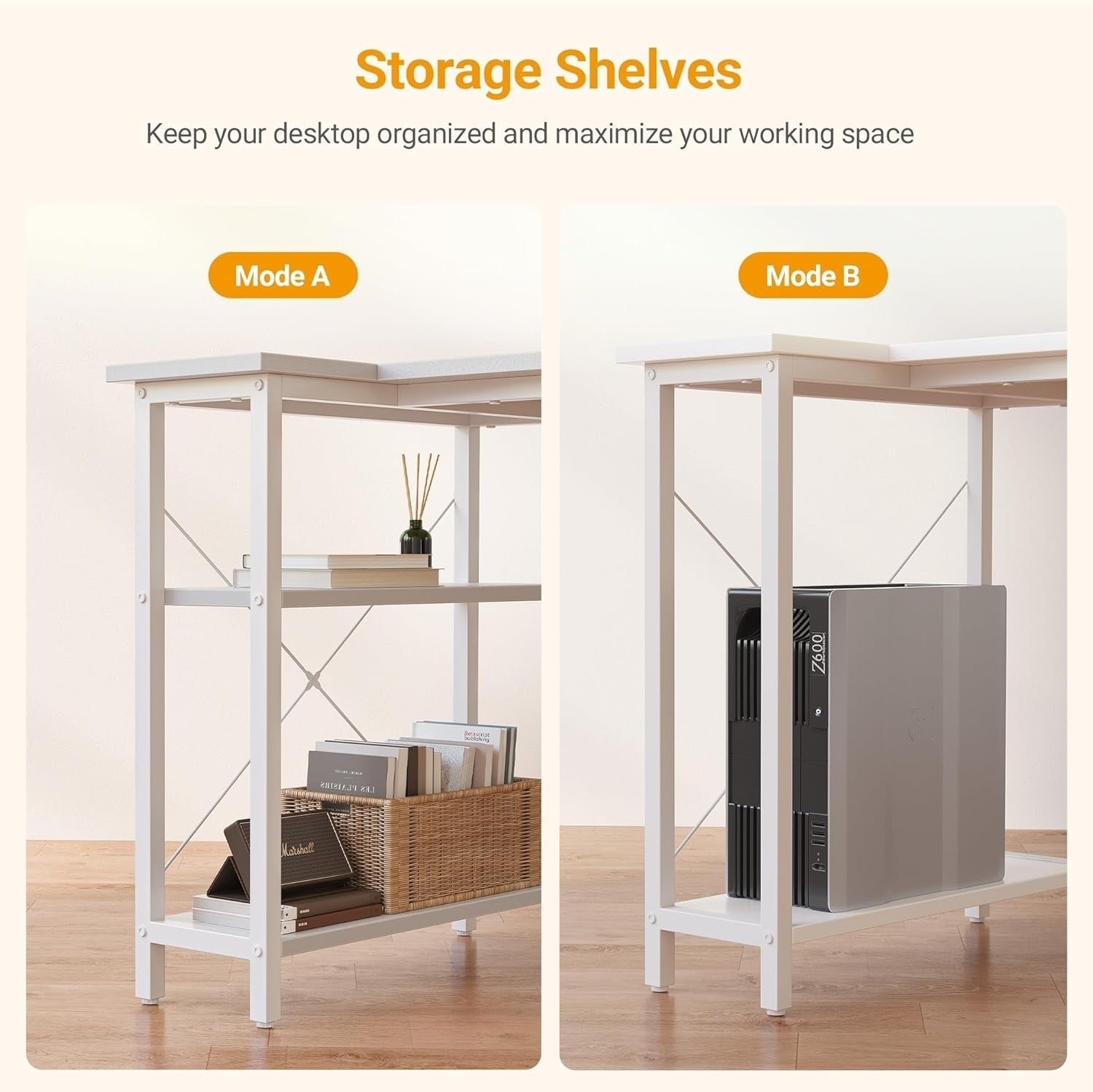 40 Inch L Shaped Desk With Reversible Storage Shelves White