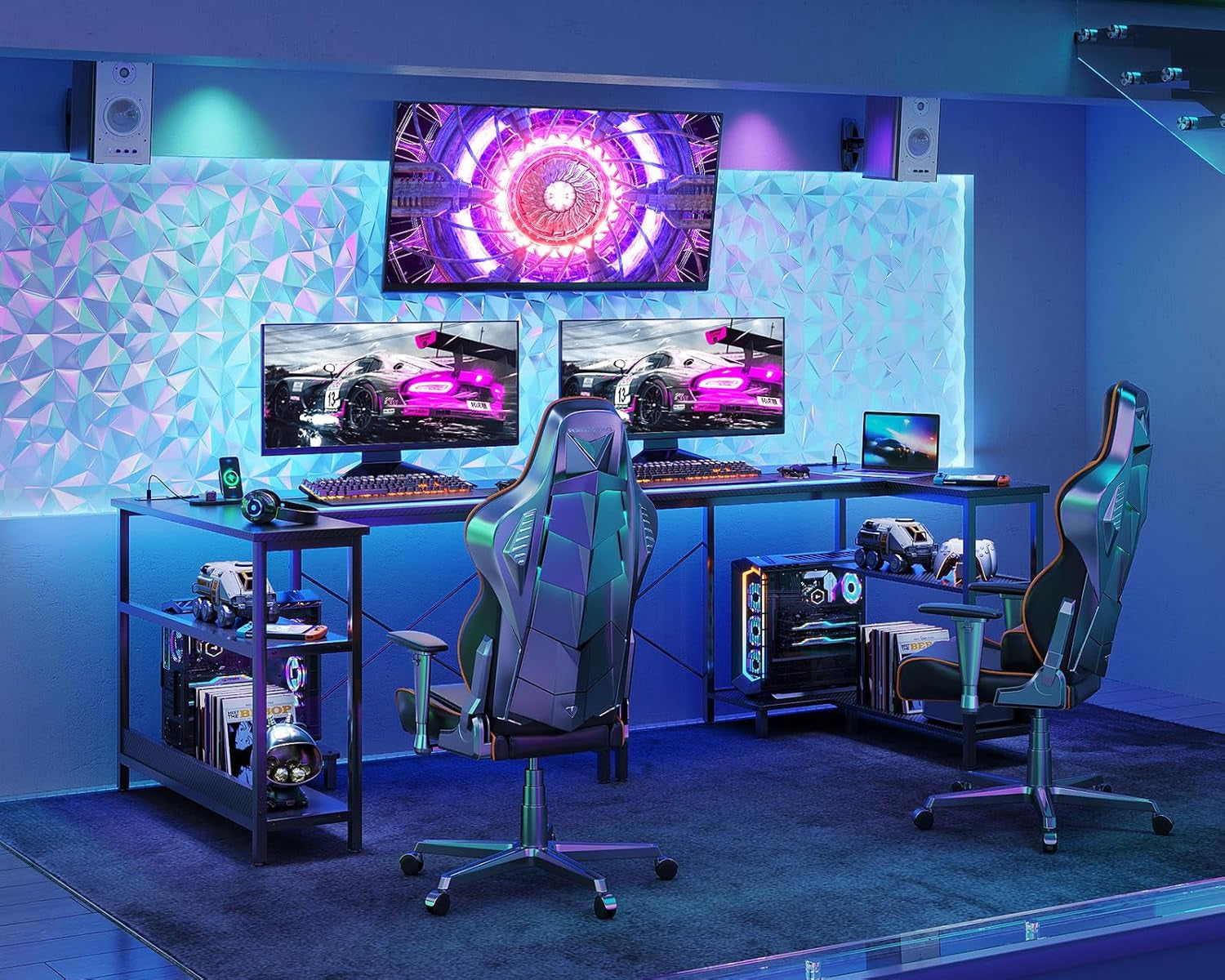 40 Inch L Shaped Gaming Desk With Power Outlets Black