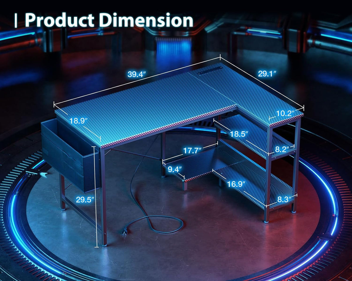 40 Inch L Shaped Gaming Desk With Power Outlets Black