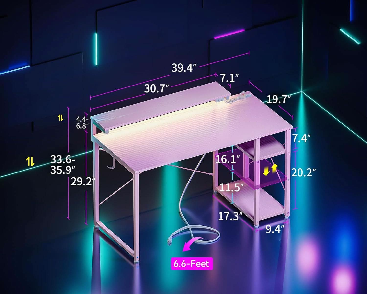 40 Inch Pink Gaming Desk With Led Lights And Power Outlet
