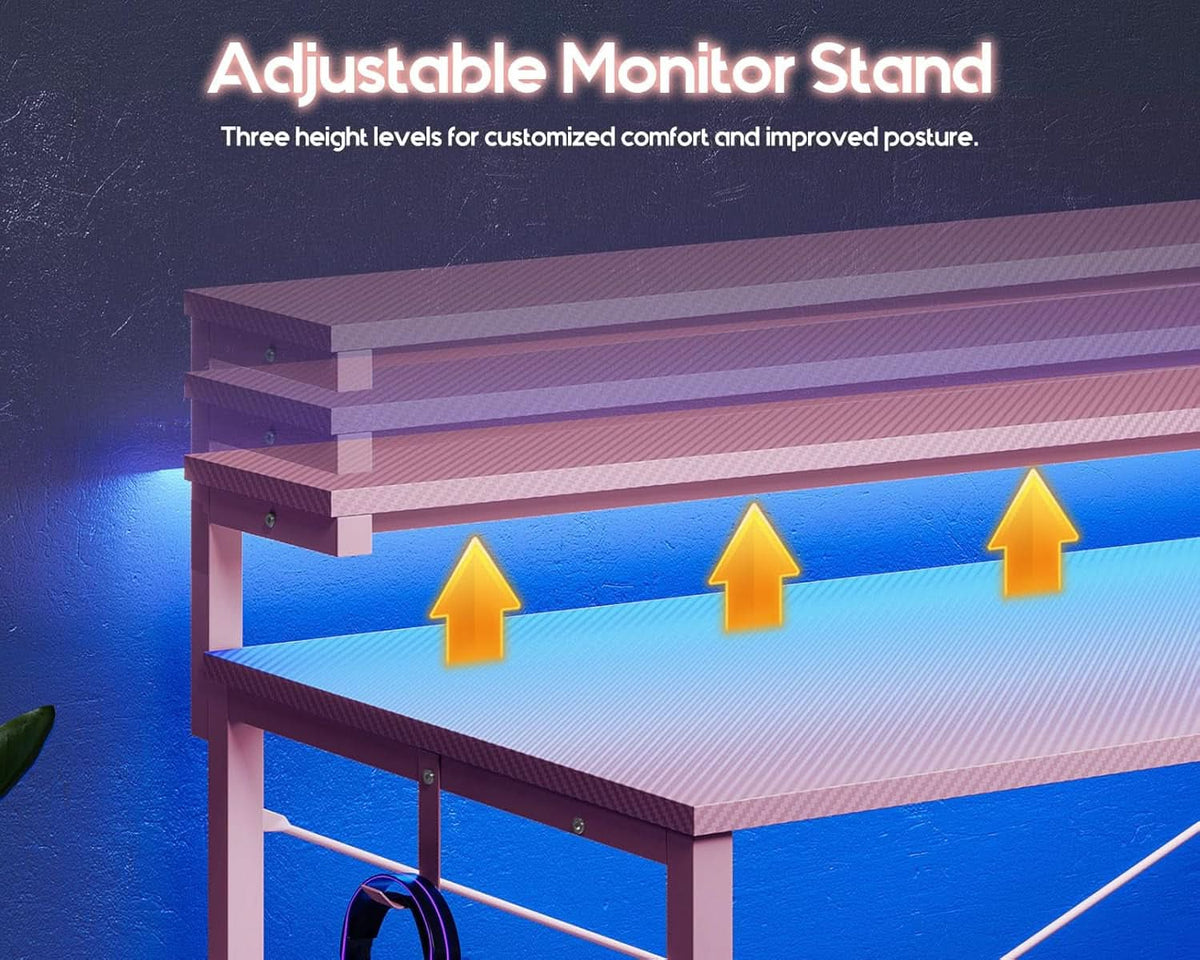 40 Inch Pink Gaming Desk With Led Lights And Power Outlet