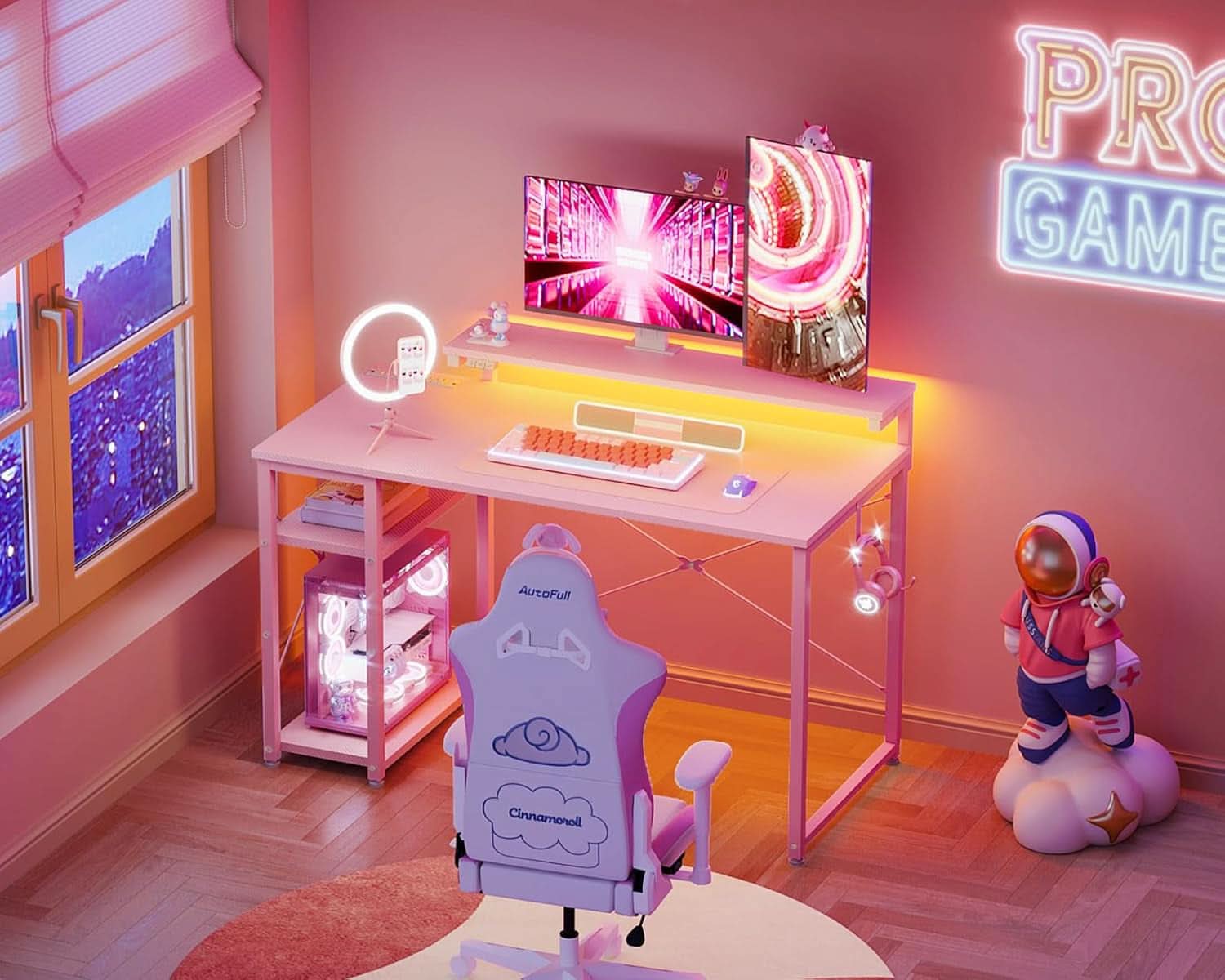 40 Inch Pink Gaming Desk With Led Lights And Power Outlet