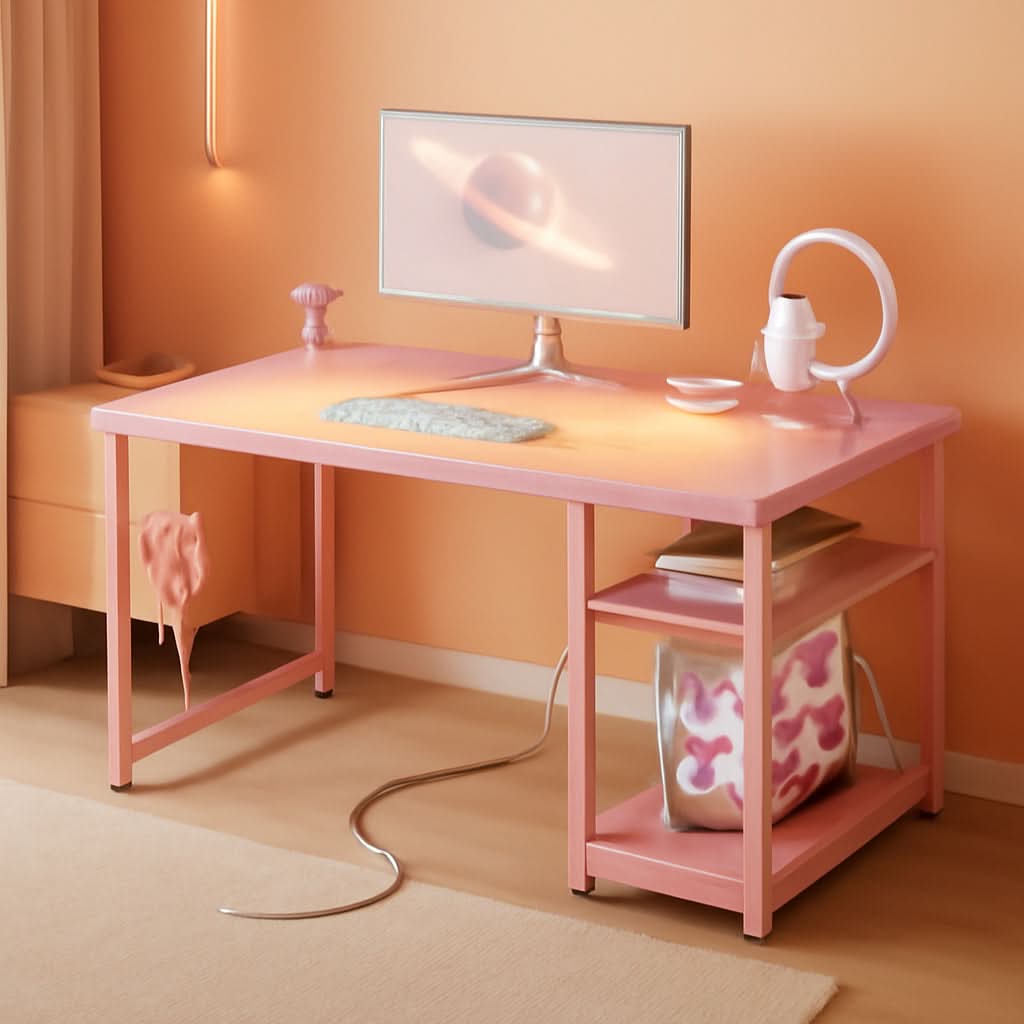 40 Inch Pink Gaming Desk With Led Lights And Power Outlet