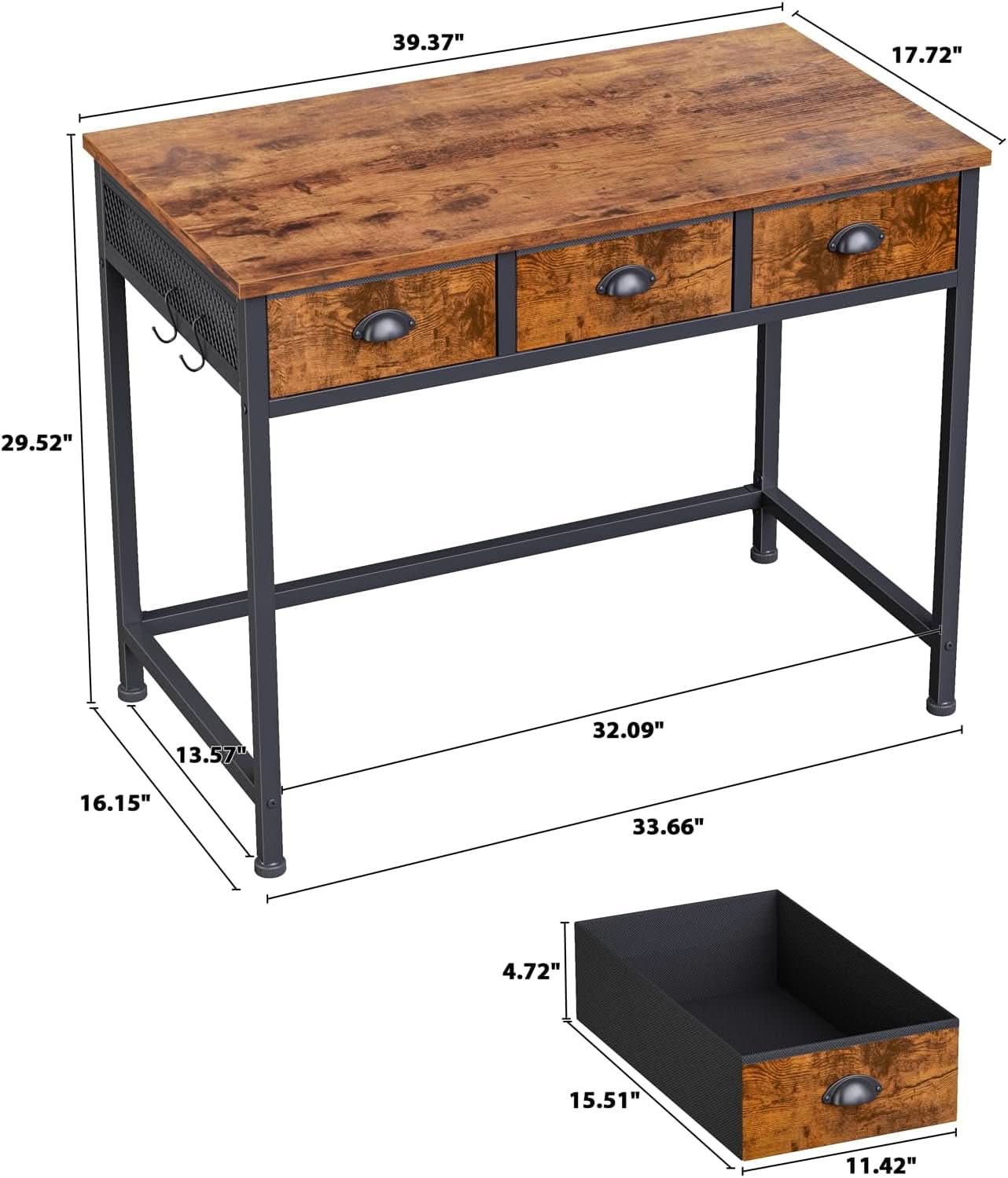 40 Inch Rustic Brown Computer Desk With 3 Fabric Drawers