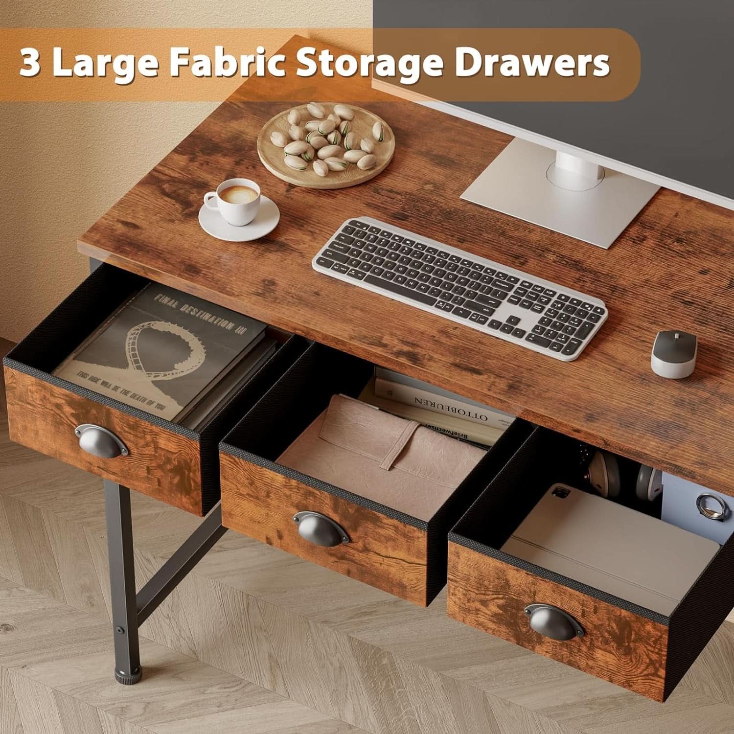 40 Inch Rustic Brown Computer Desk With 3 Fabric Drawers