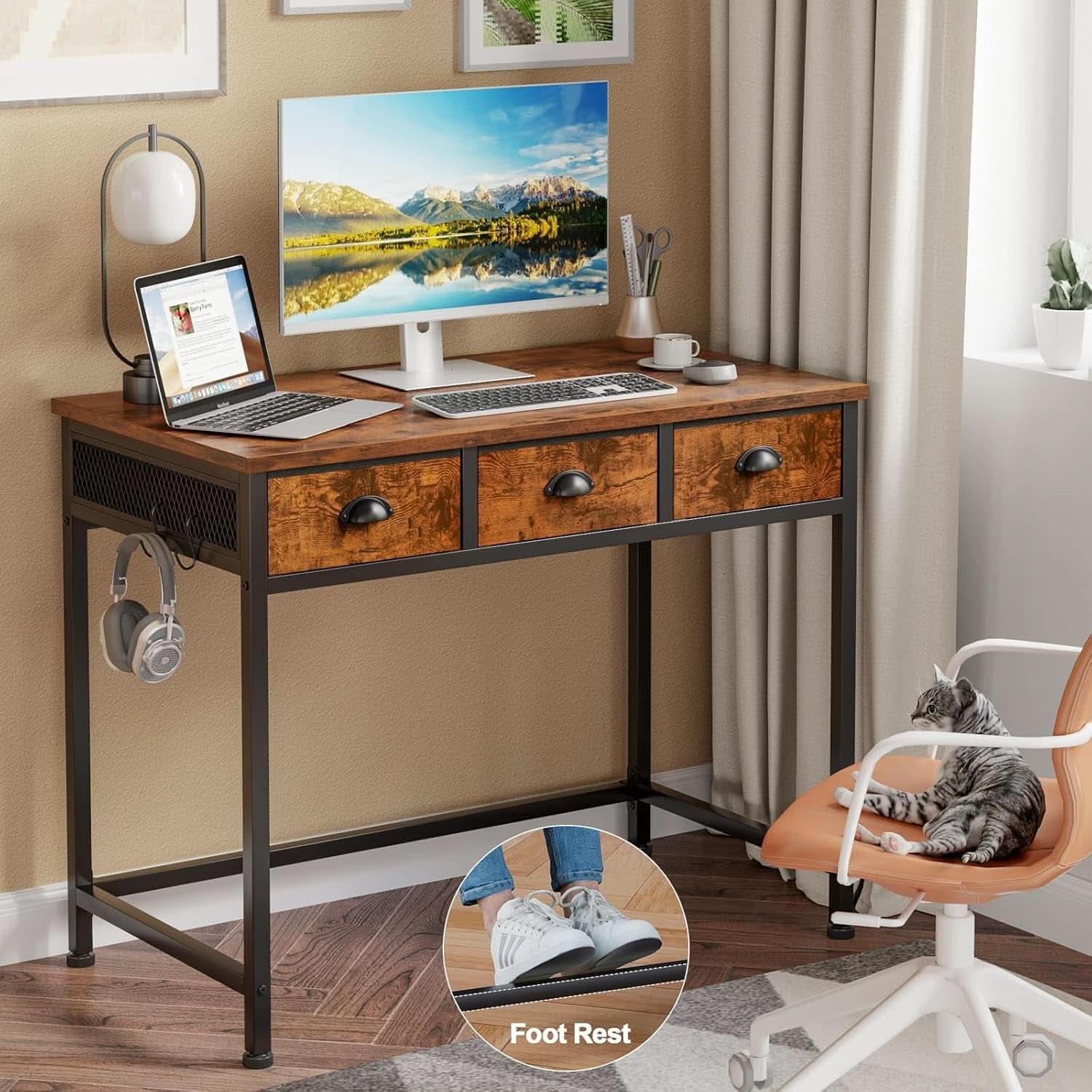 40 Inch Rustic Brown Computer Desk With 3 Fabric Drawers