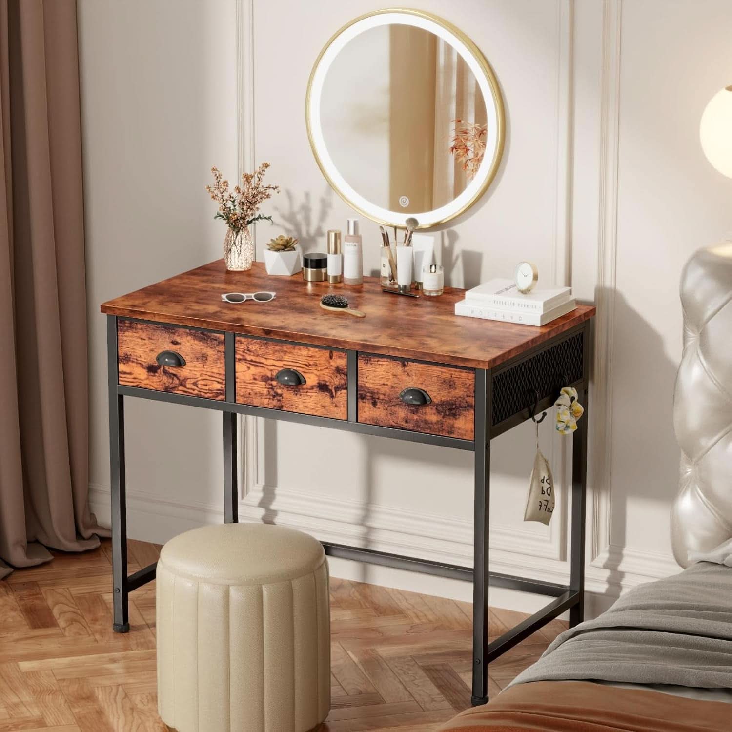 40 Inch Rustic Brown Computer Desk With 3 Fabric Drawers