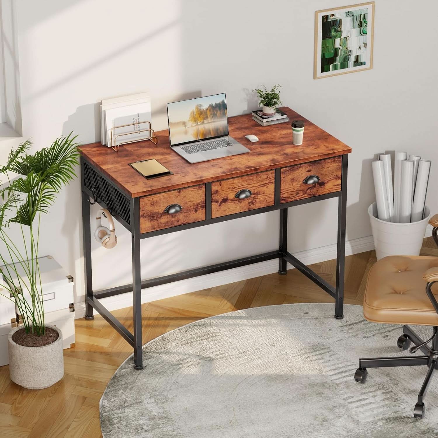 40 Inch Rustic Brown Computer Desk With 3 Fabric Drawers
