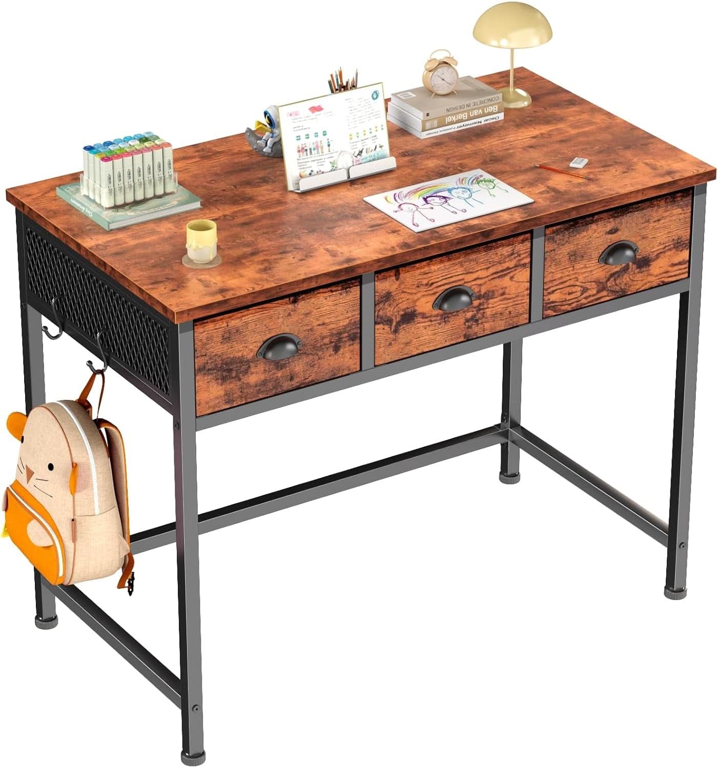 40 Inch Rustic Brown Computer Desk With 3 Fabric Drawers