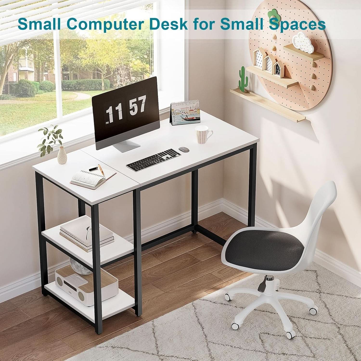 40 Inch White Computer Desk With 2 Tier Shelves Home Office
