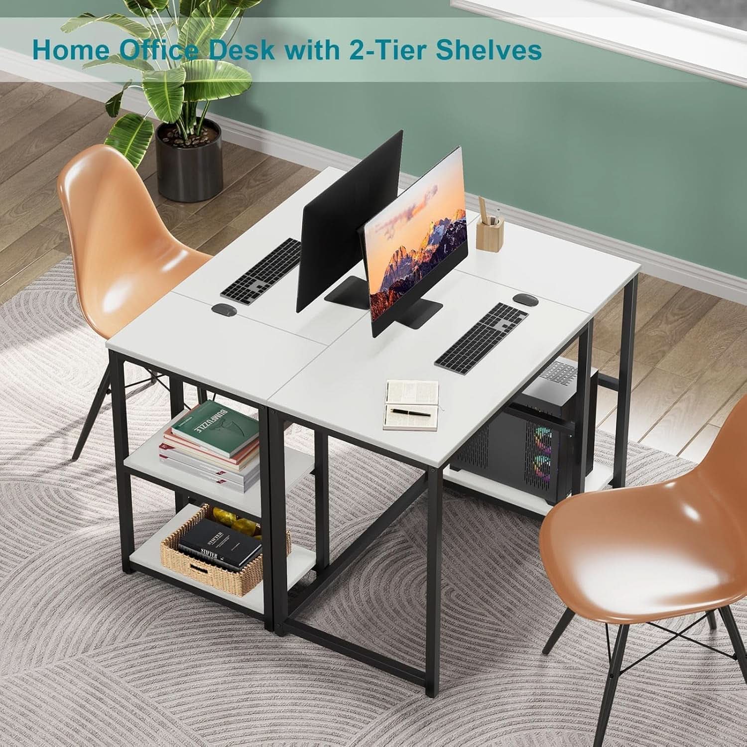 40 Inch White Computer Desk With 2 Tier Shelves Home Office