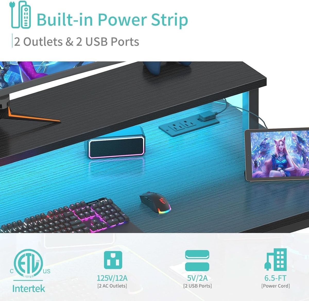 40 Inch Wide Gaming Desk With RGBLED Lighting Effects