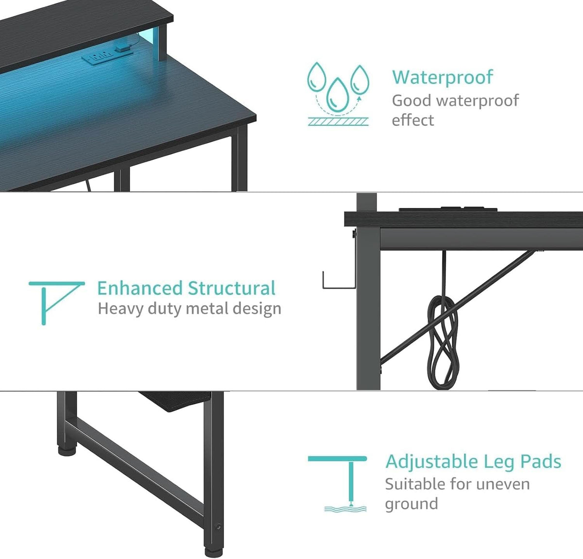 40 Inch Wide Gaming Desk With RGBLED Lighting Effects