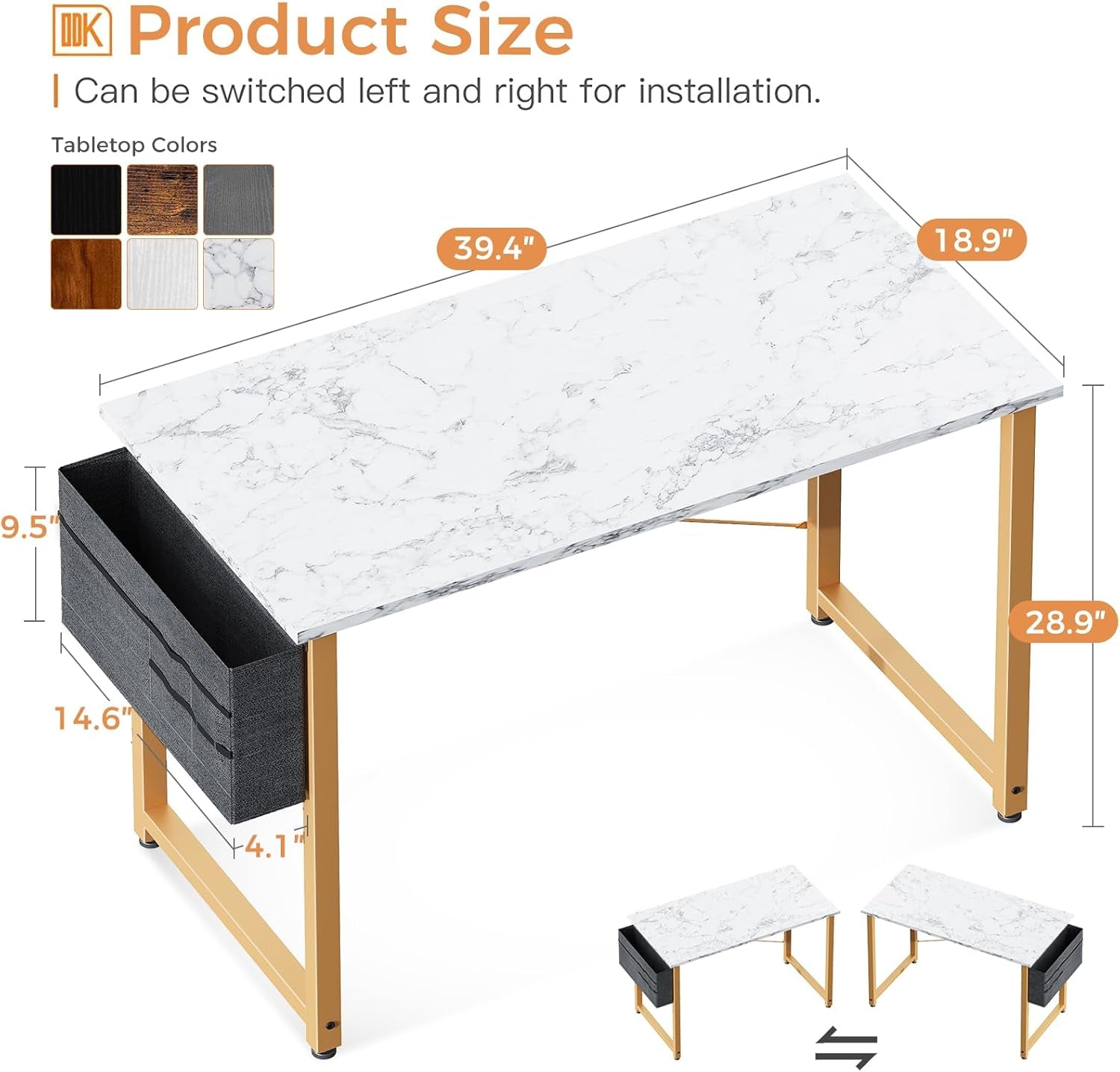 40Inch Computer Desk With Storage White Marble Top