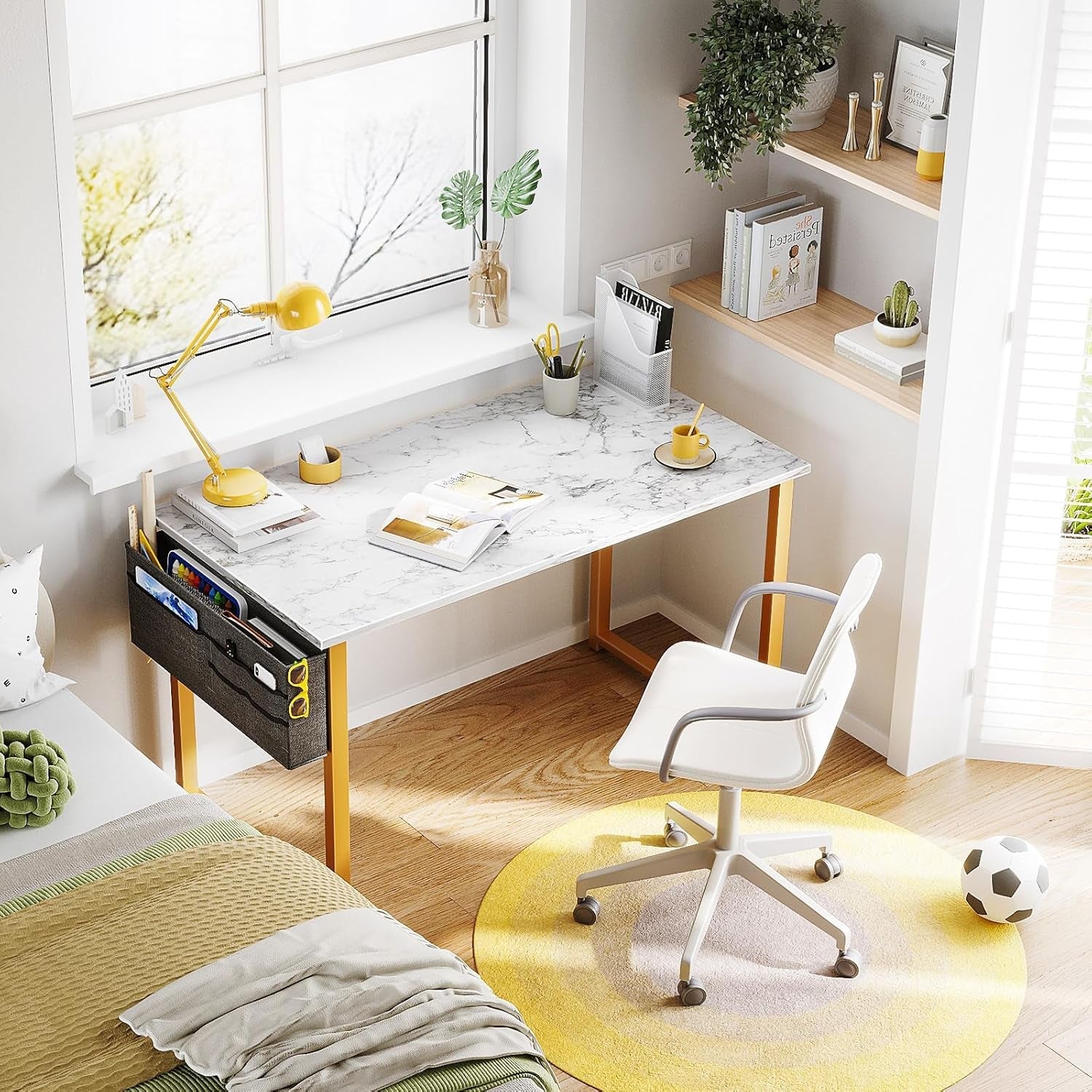 40Inch Computer Desk With Storage White Marble Top