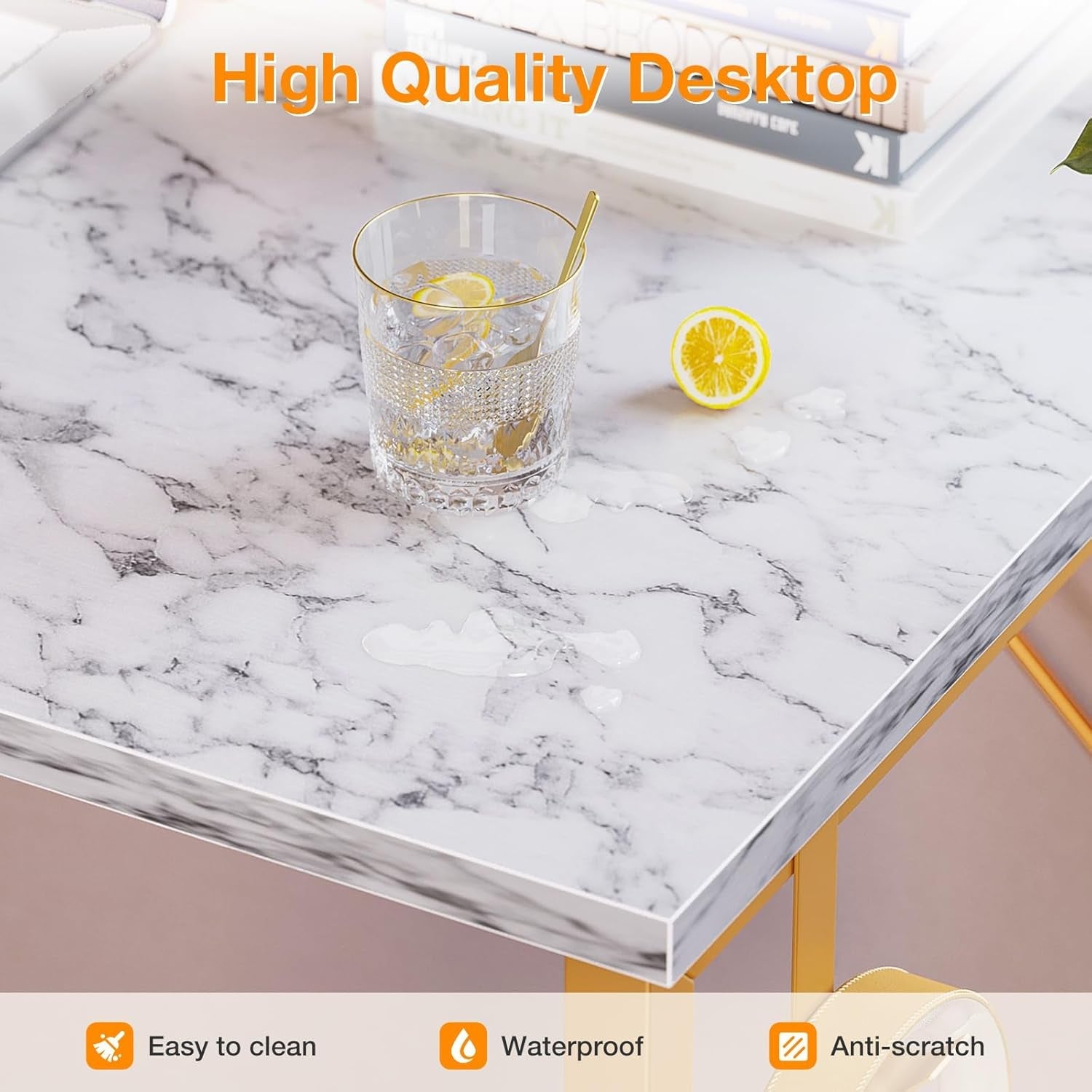 40Inch Computer Desk With Storage White Marble Top