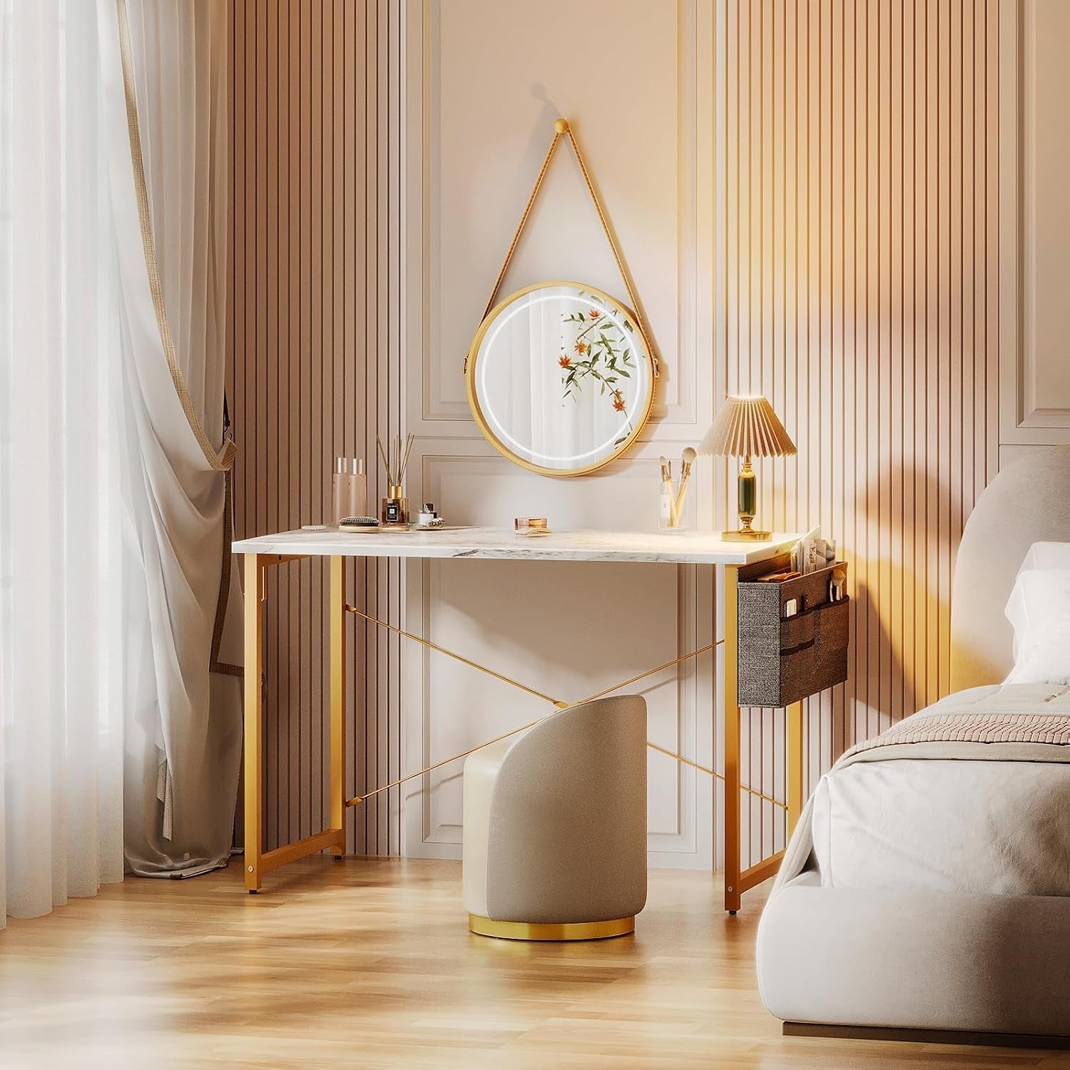 40Inch Computer Desk With Storage White Marble Top