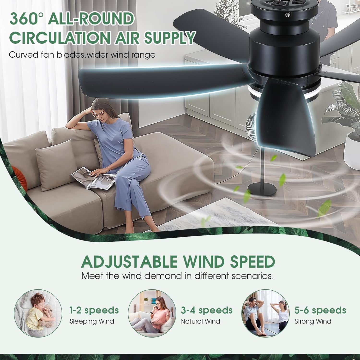 41 Inch Ceiling Fan Black Finish Remote App Control
