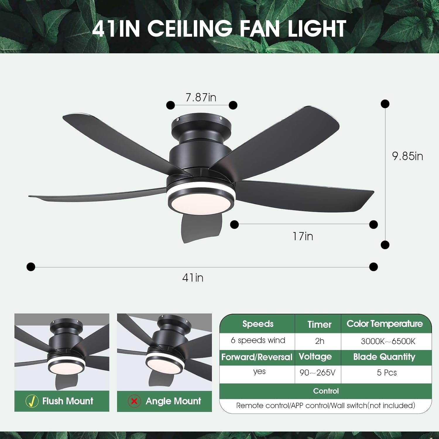 41 Inch Ceiling Fan Black Finish Remote App Control