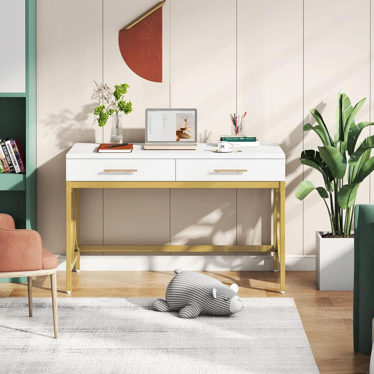 41 Inch White And Gold Computer Desk With 2 Drawers