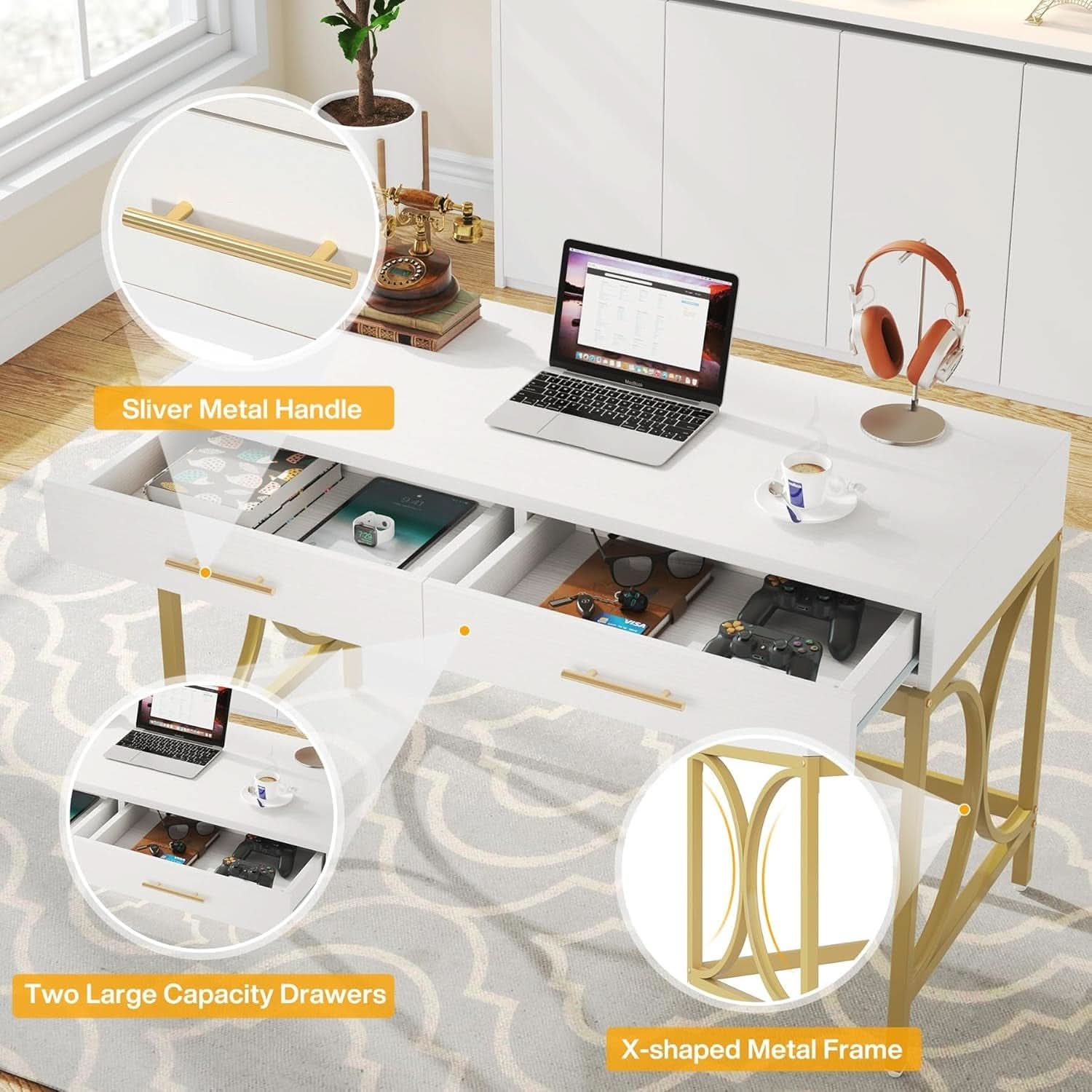 41 Inch White And Gold Computer Desk With 2 Drawers