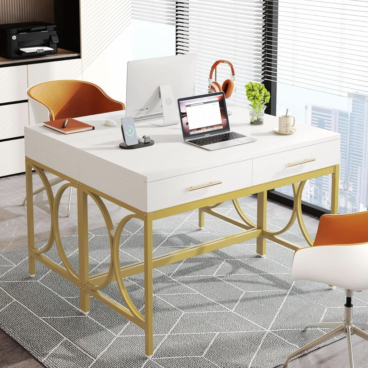 41 Inch White And Gold Computer Desk With 2 Drawers