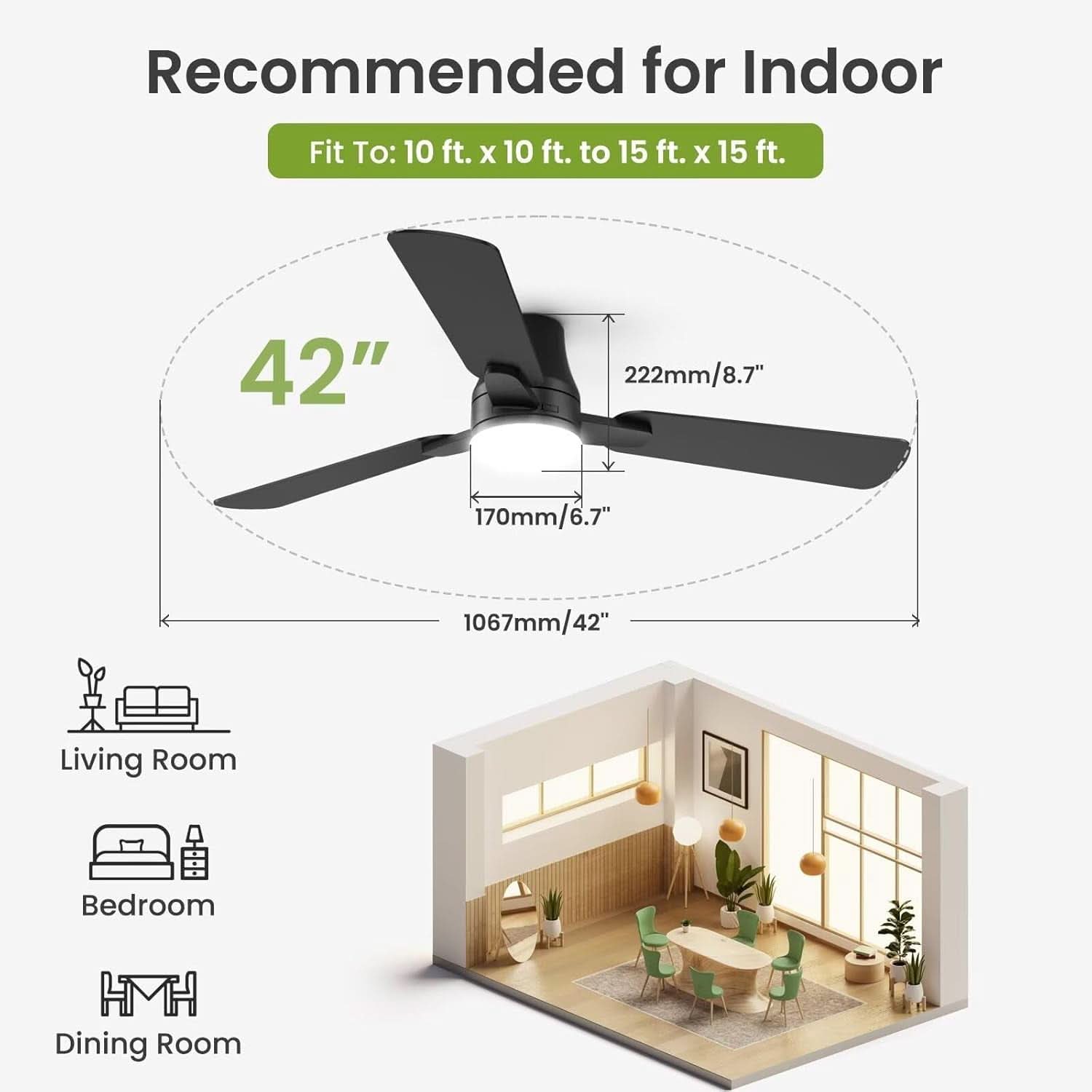 42 Inch Black Ceiling Fan With Light Energy Efficient