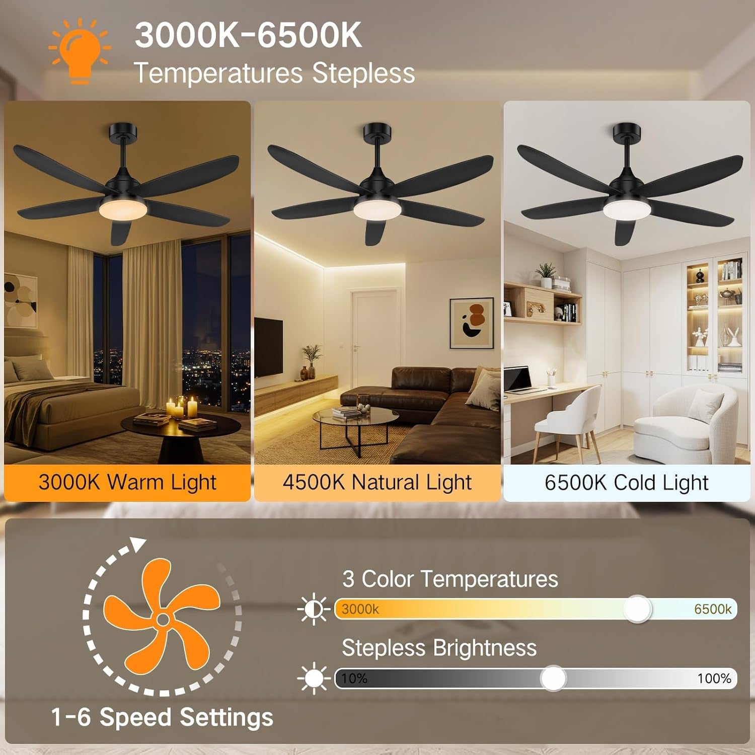 42 Inch Black Ceiling Fan With Remote App Control LED Light