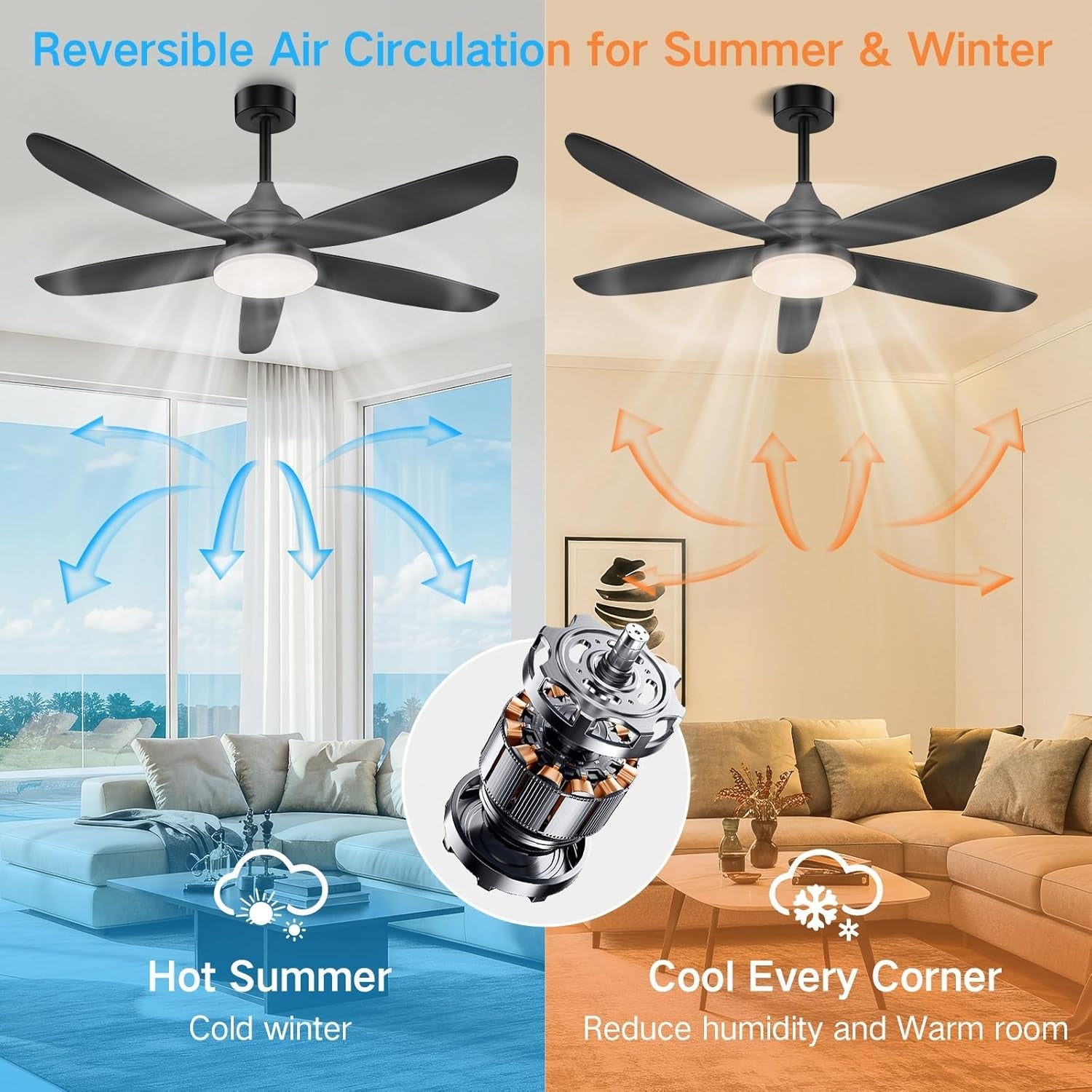 42 Inch Black Ceiling Fan With Remote App Control LED Light