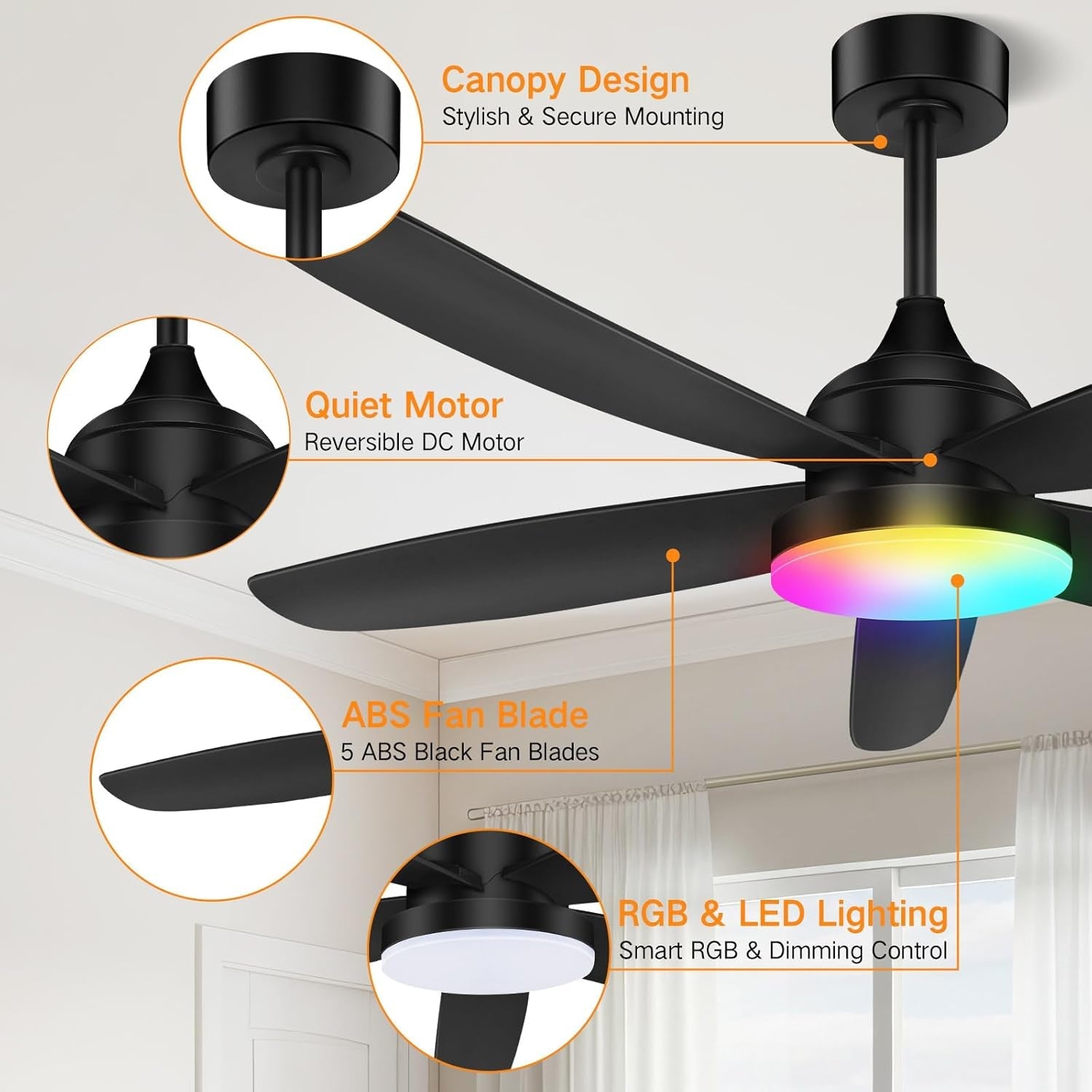 42 Inch Black Ceiling Fan With Remote App Control LED Light