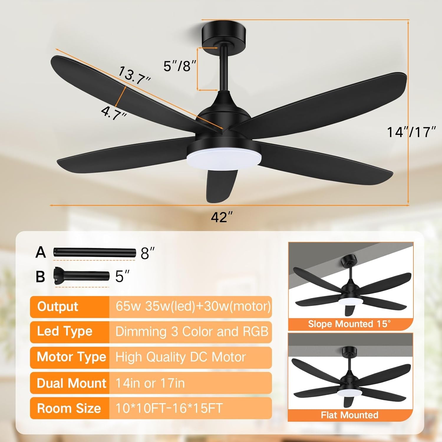 42 Inch Black Ceiling Fan With Remote App Control LED Light