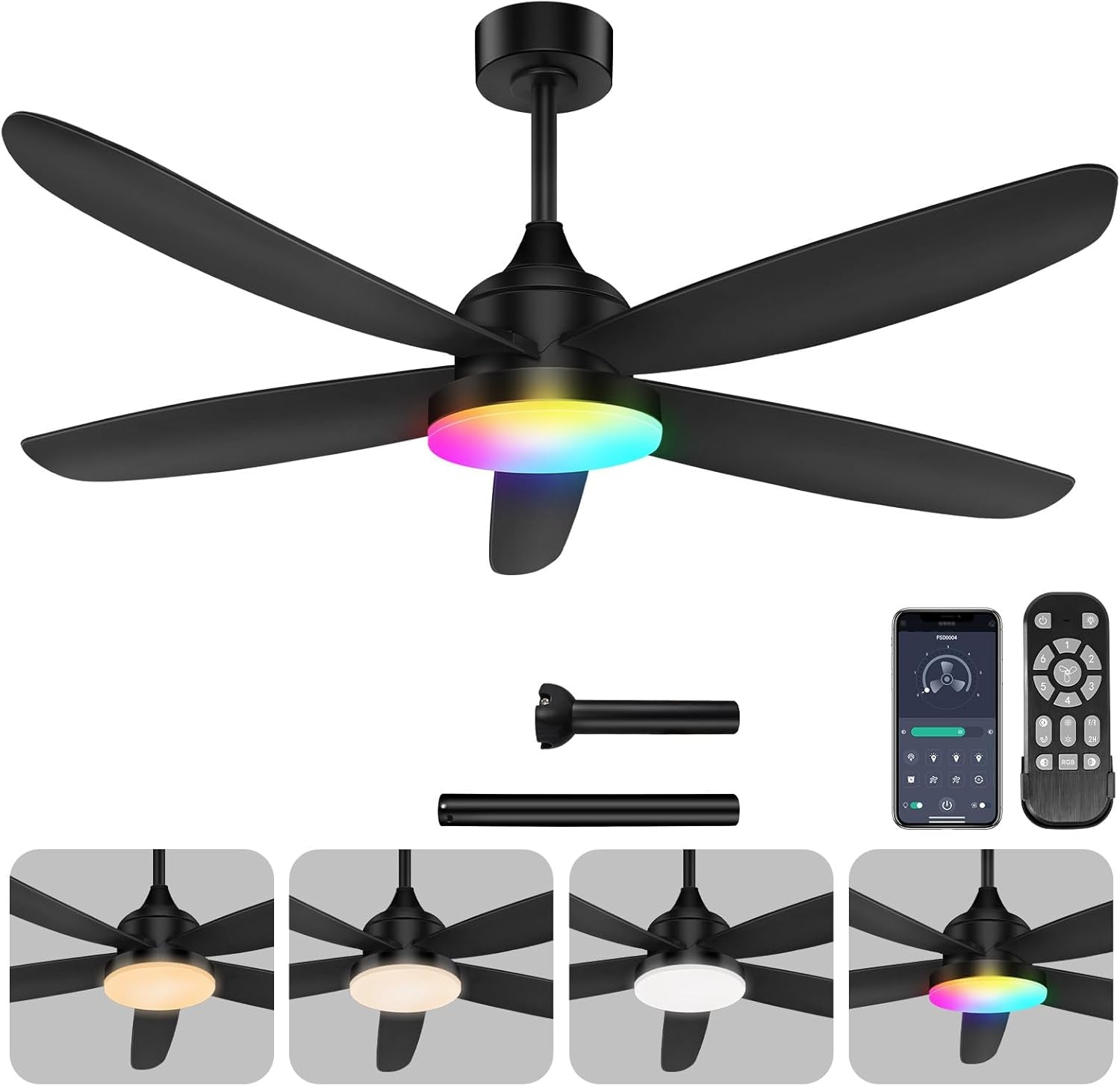 42 Inch Black Ceiling Fan With Remote App Control LED Light