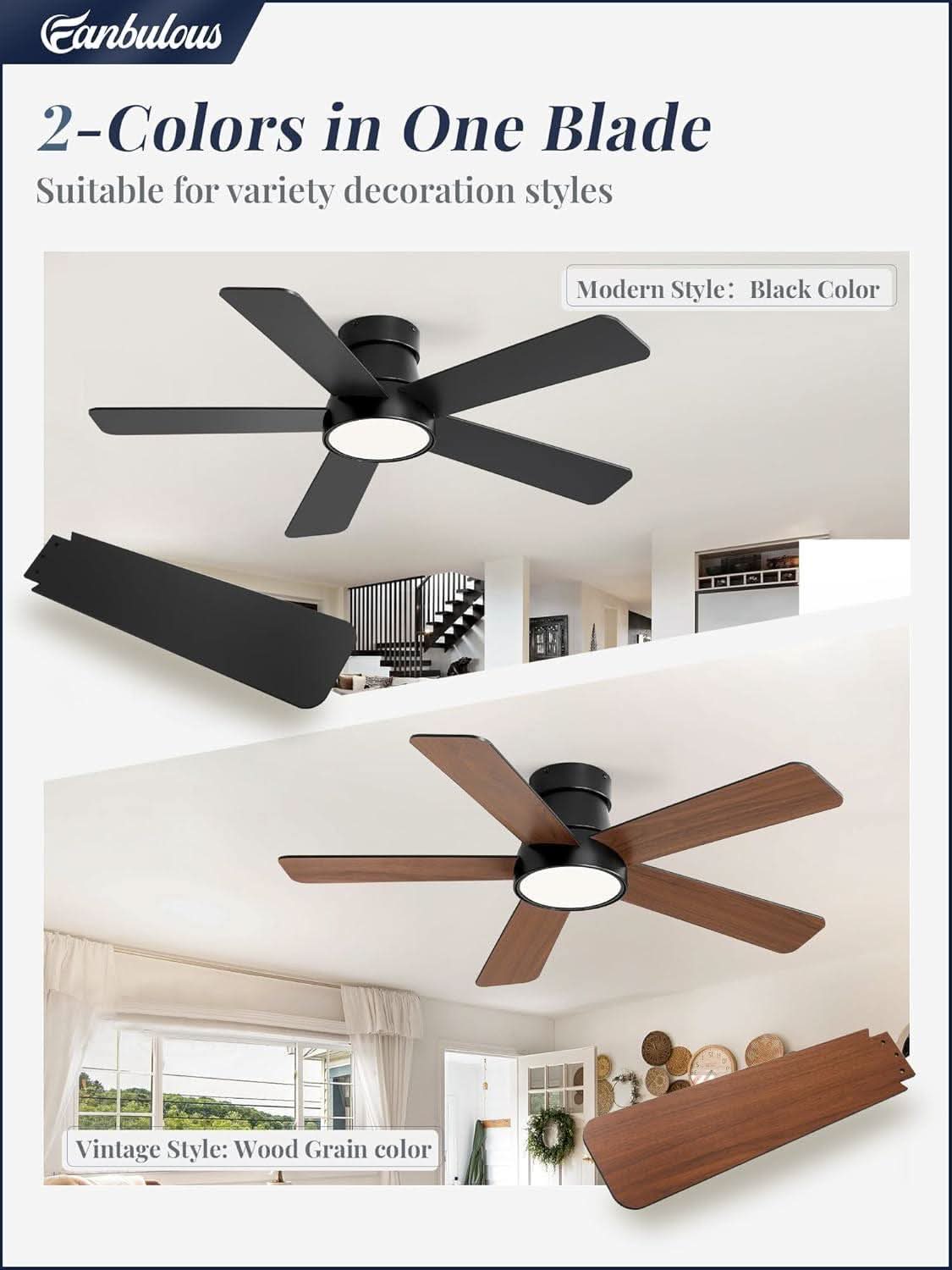 42 Inch Black Flush Mount Ceiling Fan With Remote Light