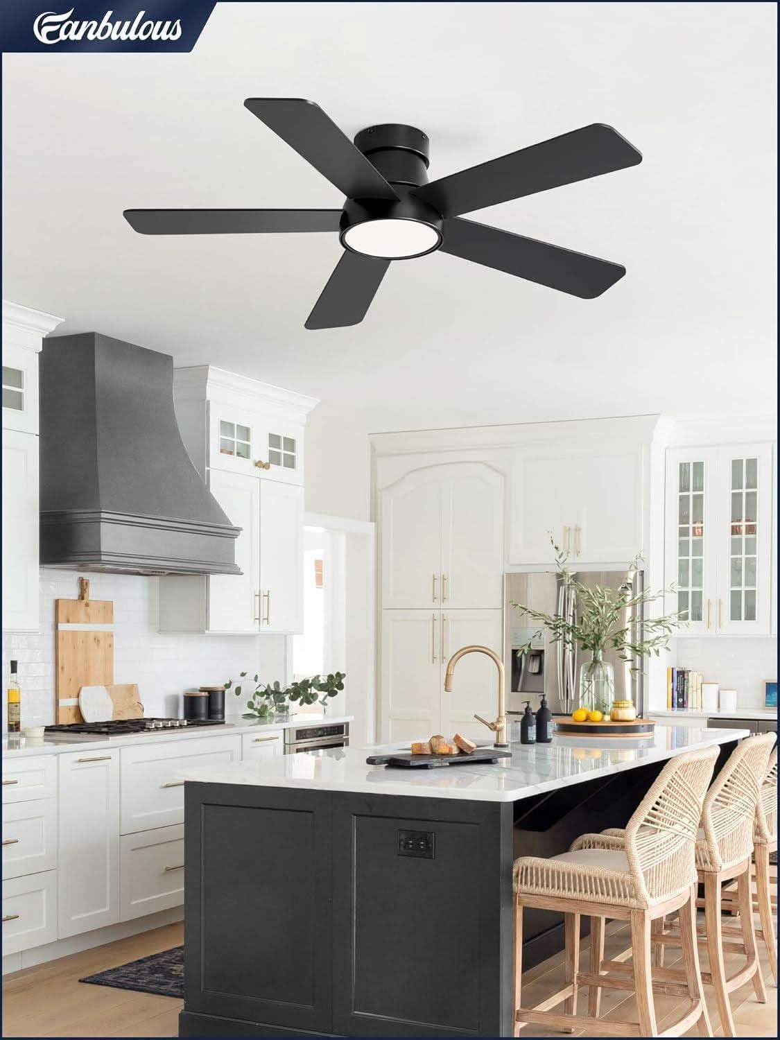42 Inch Black Flush Mount Ceiling Fan With Remote Light