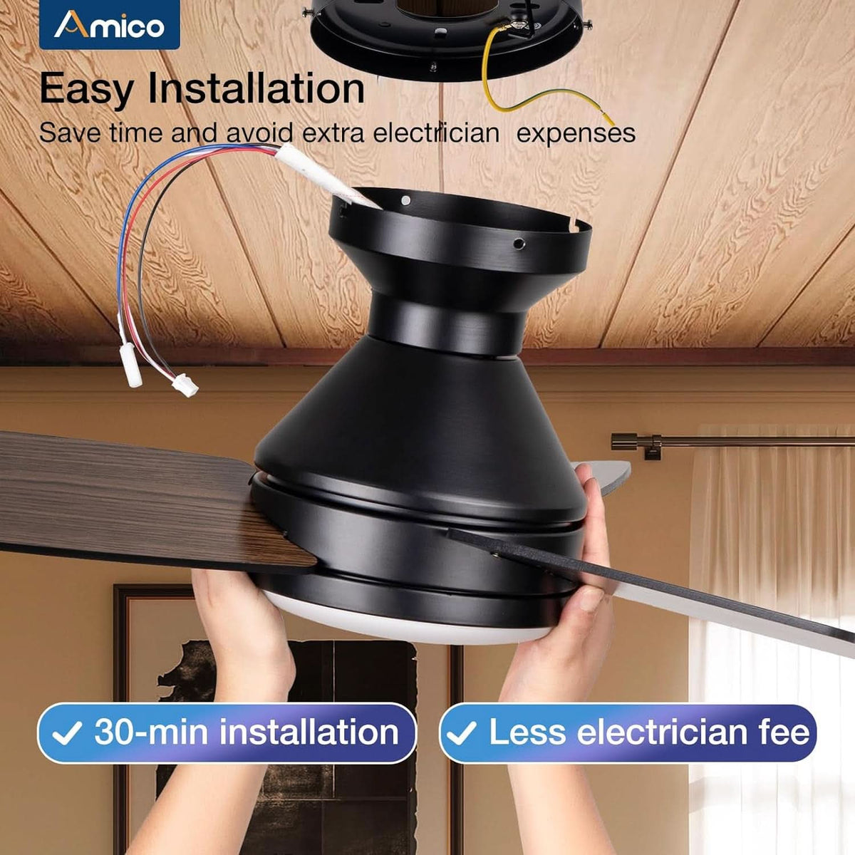 42 Inch Black Low Profile Ceiling Fan With Light And Remote
