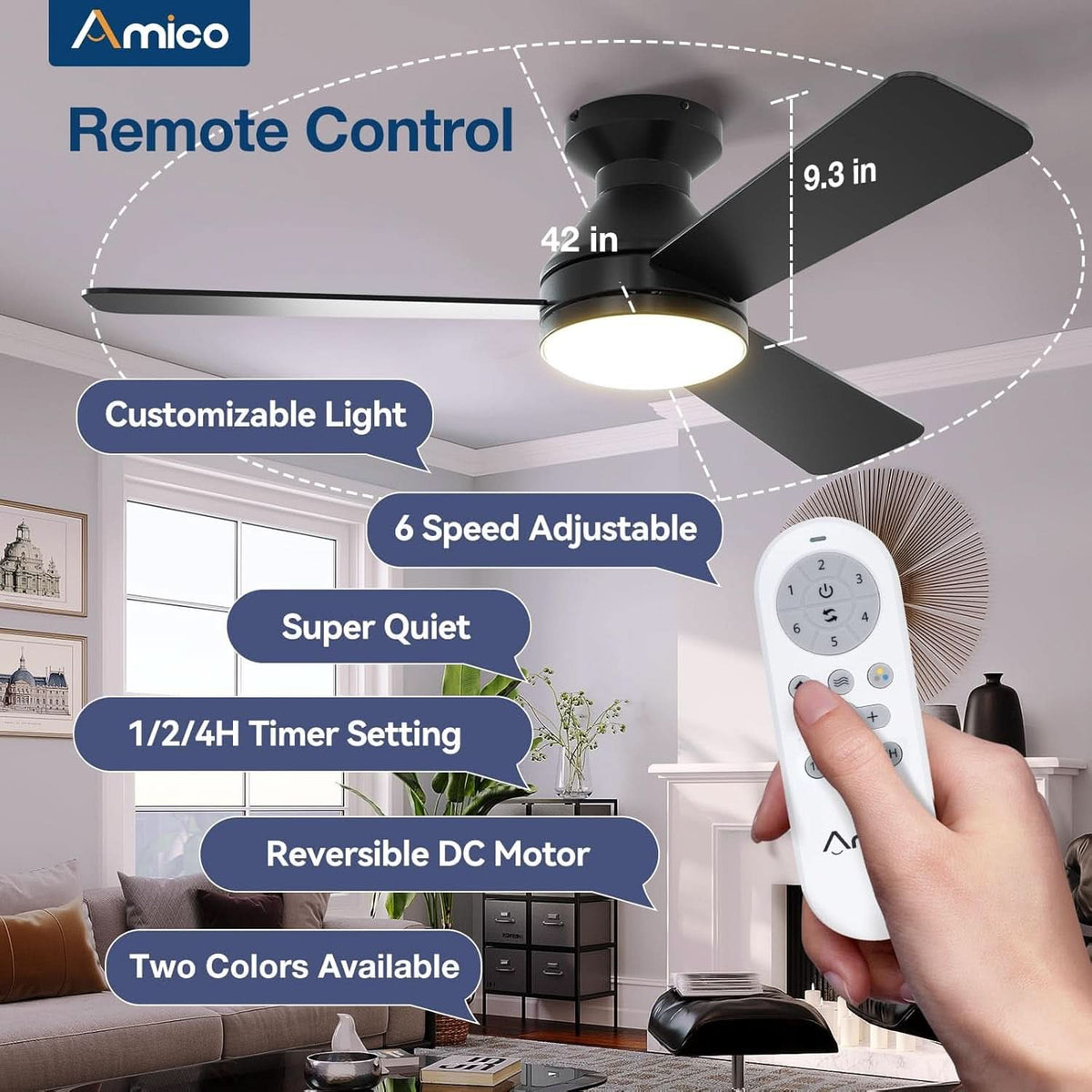 42 Inch Black Low Profile Ceiling Fan With Light And Remote