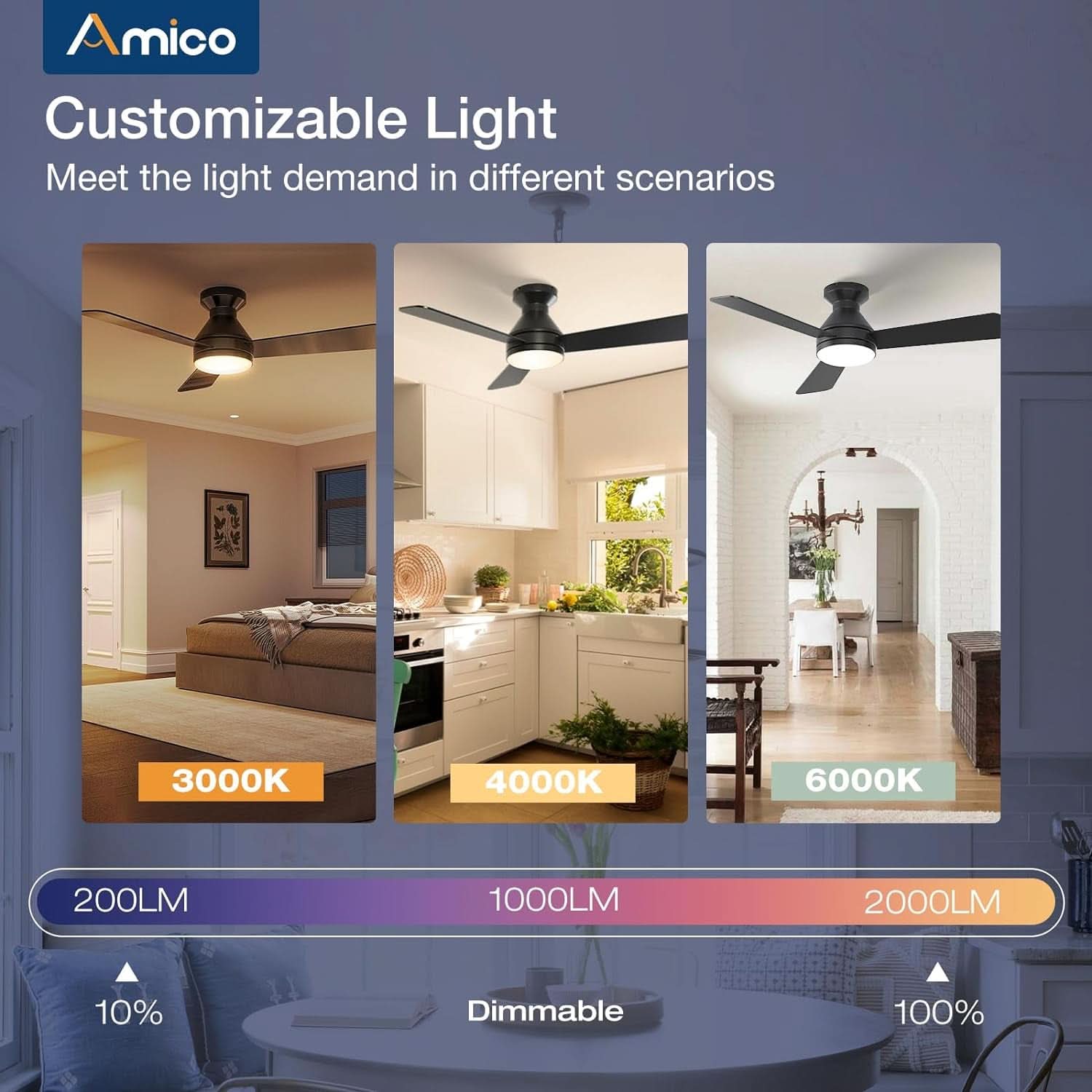 42 Inch Black Low Profile Ceiling Fan With Light And Remote