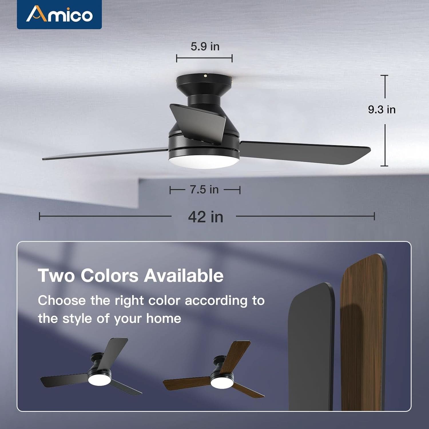 42 Inch Black Low Profile Ceiling Fan With Light And Remote