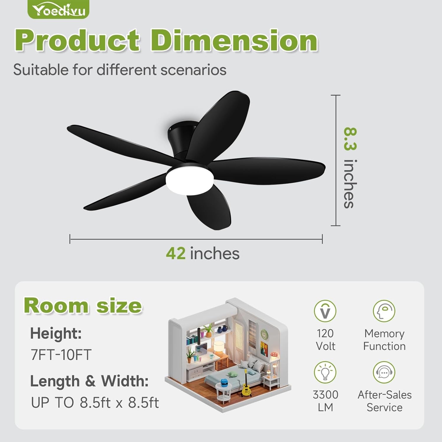 42 Inch Black Low Profile Ceiling Fan With Light Remote