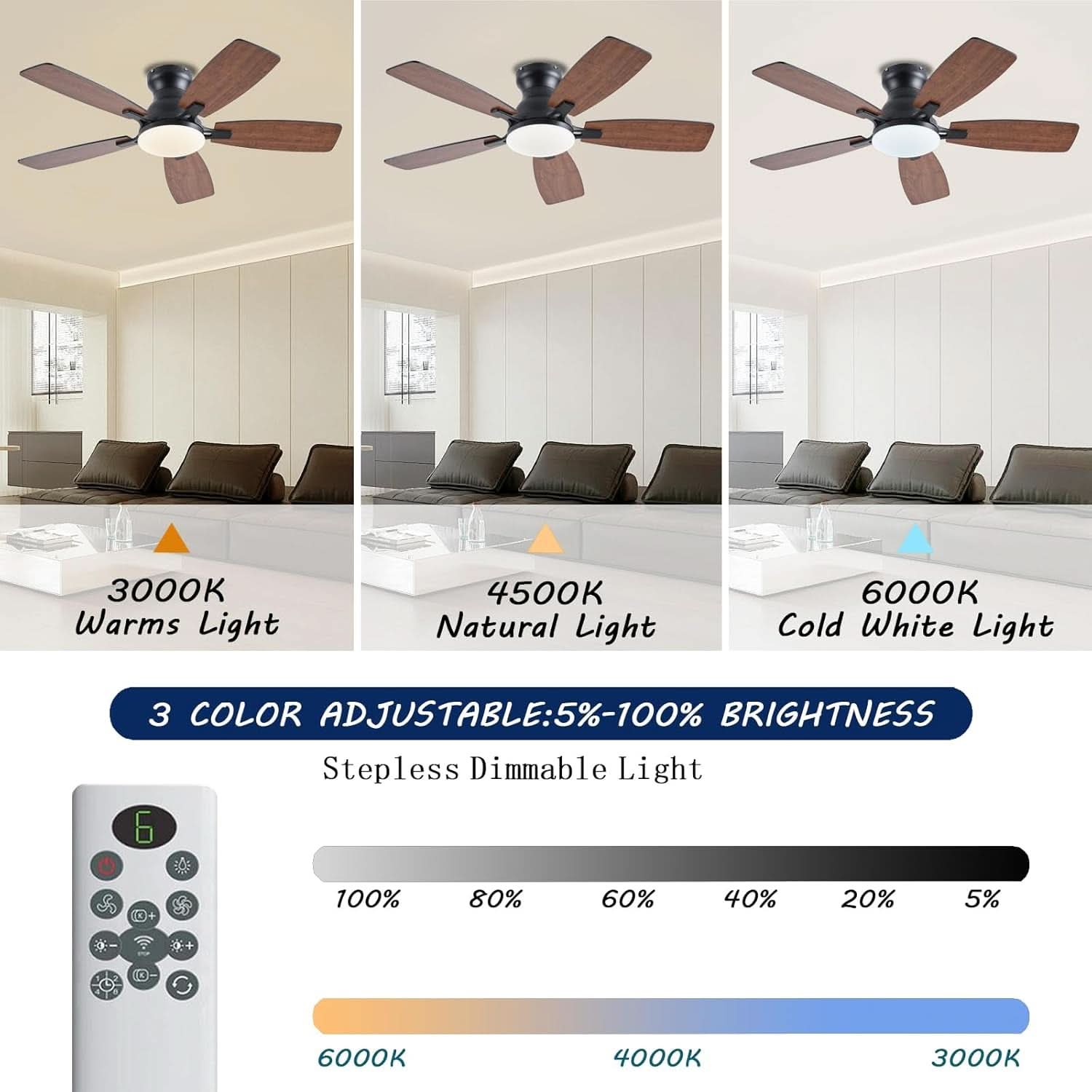42 Inch Brown Ceiling Fan With Remote Lighting App Control