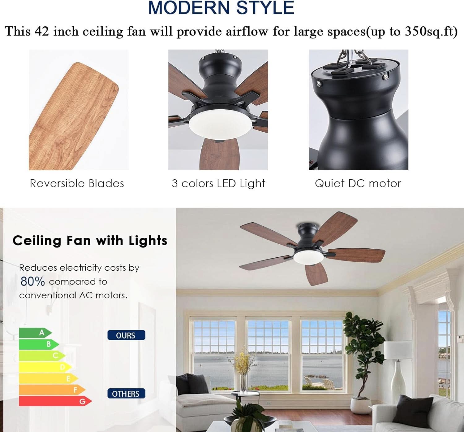 42 Inch Brown Ceiling Fan With Remote Lighting App Control