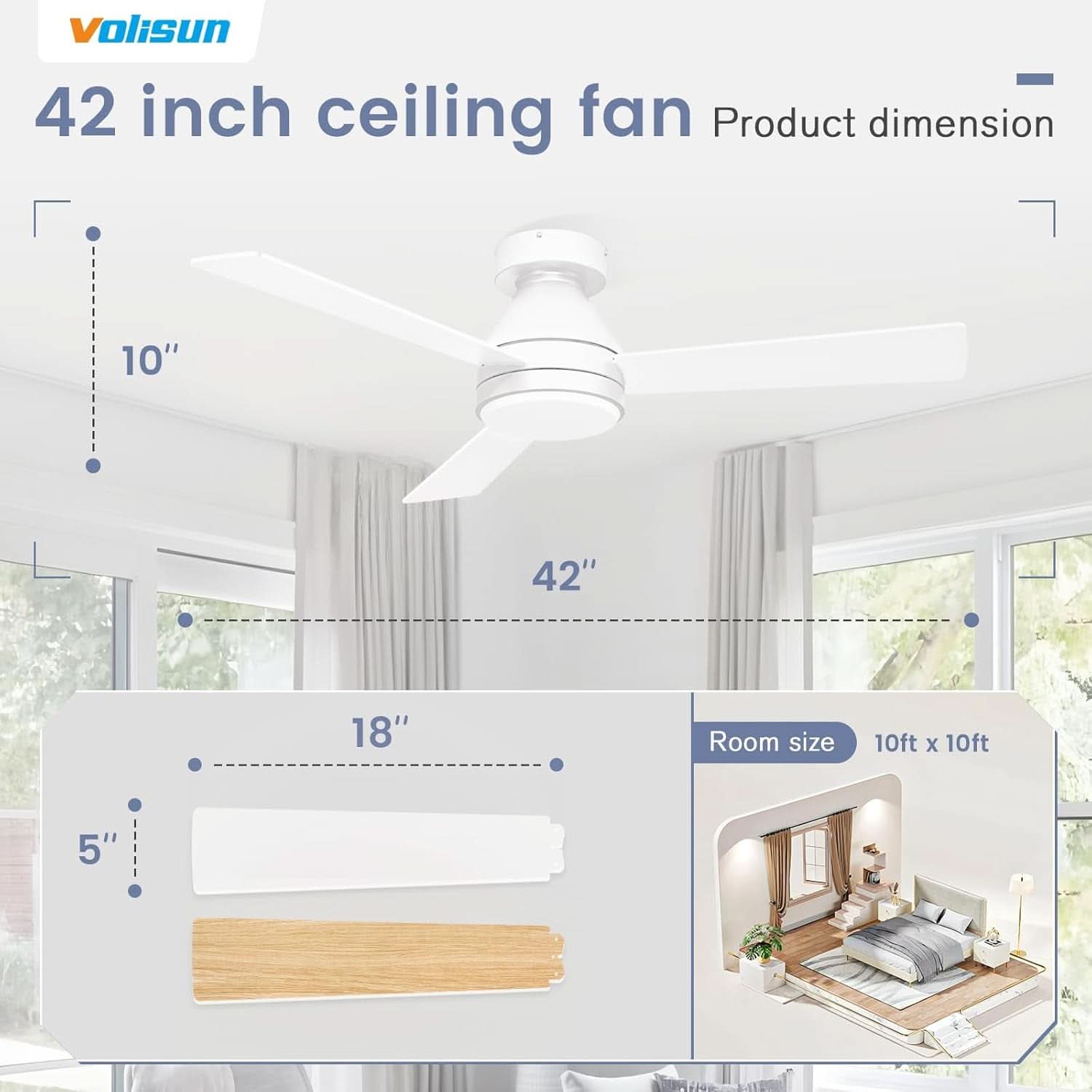 42 Inch Ceiling Fan With Dimmable LED Light And Remote